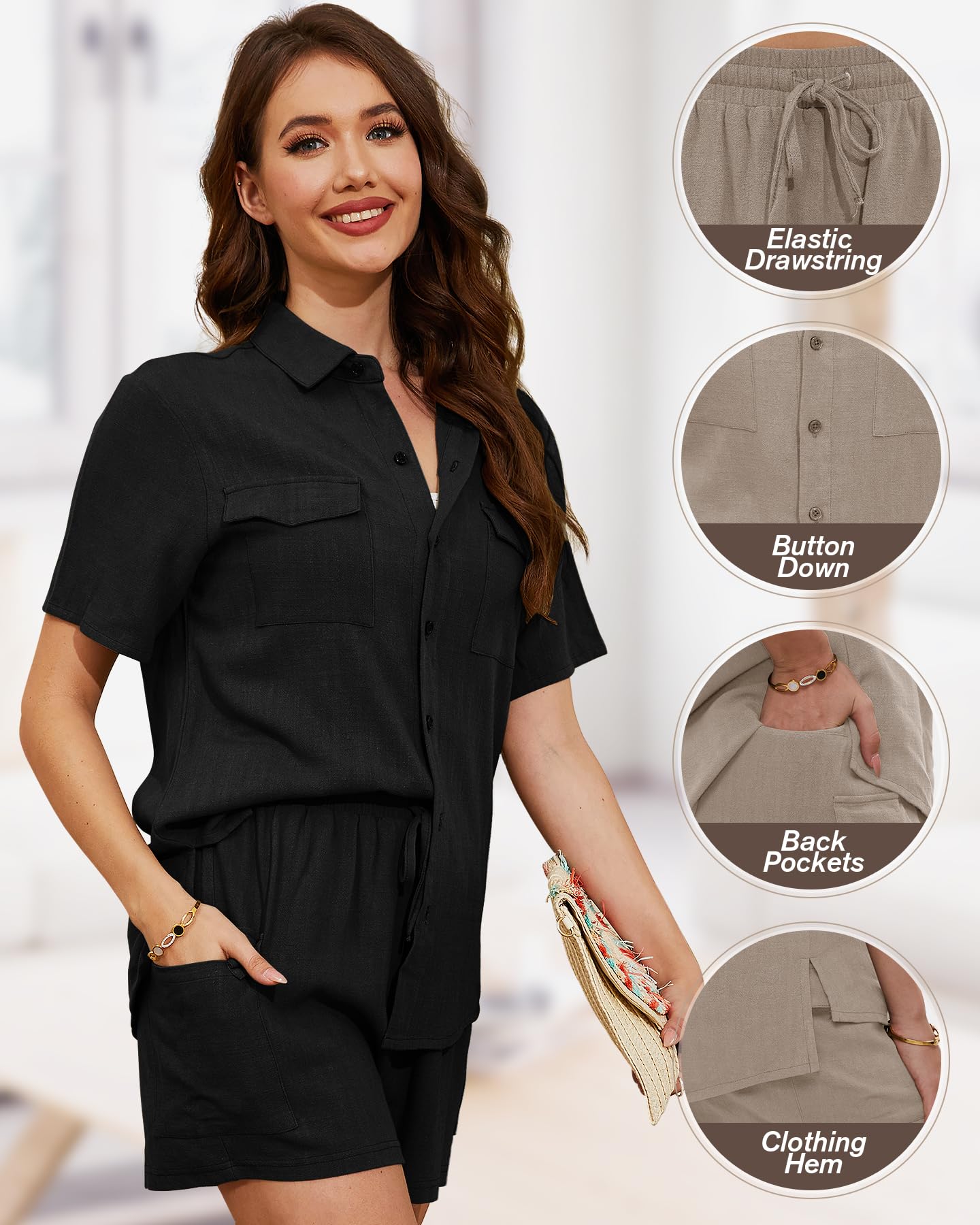 LadyJoy Women's 2-Piece Summer Outfit Set - Short Sleeve Button Down Shirt & Pockets Shorts | Lounge Wear, Vacation Outfits, Casual Beach Set