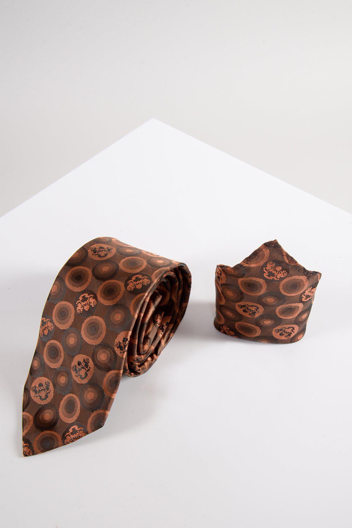 Orange Brown Bubble Circle Print Tie and Pocket Square Set - Stylish Formal Accessories for Weddings, Business Meetings & Special Events