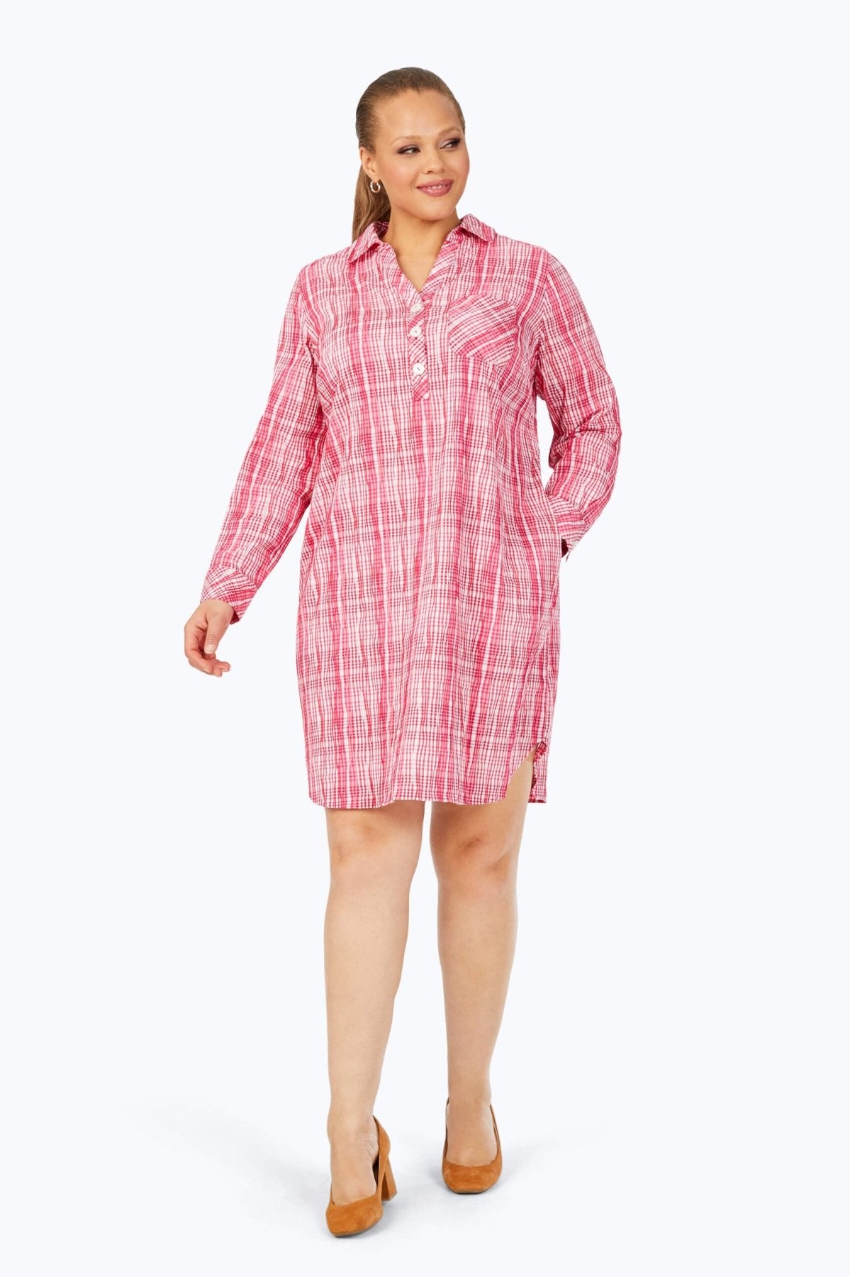 Delaney Plus Purely Plaid Crinkle Long Sleeve Dress for Women - Soft Cotton Flannel Plaid Dress for Fall & Winter, Perfect for Casual Outings, Holiday Parties and Family Gatherings