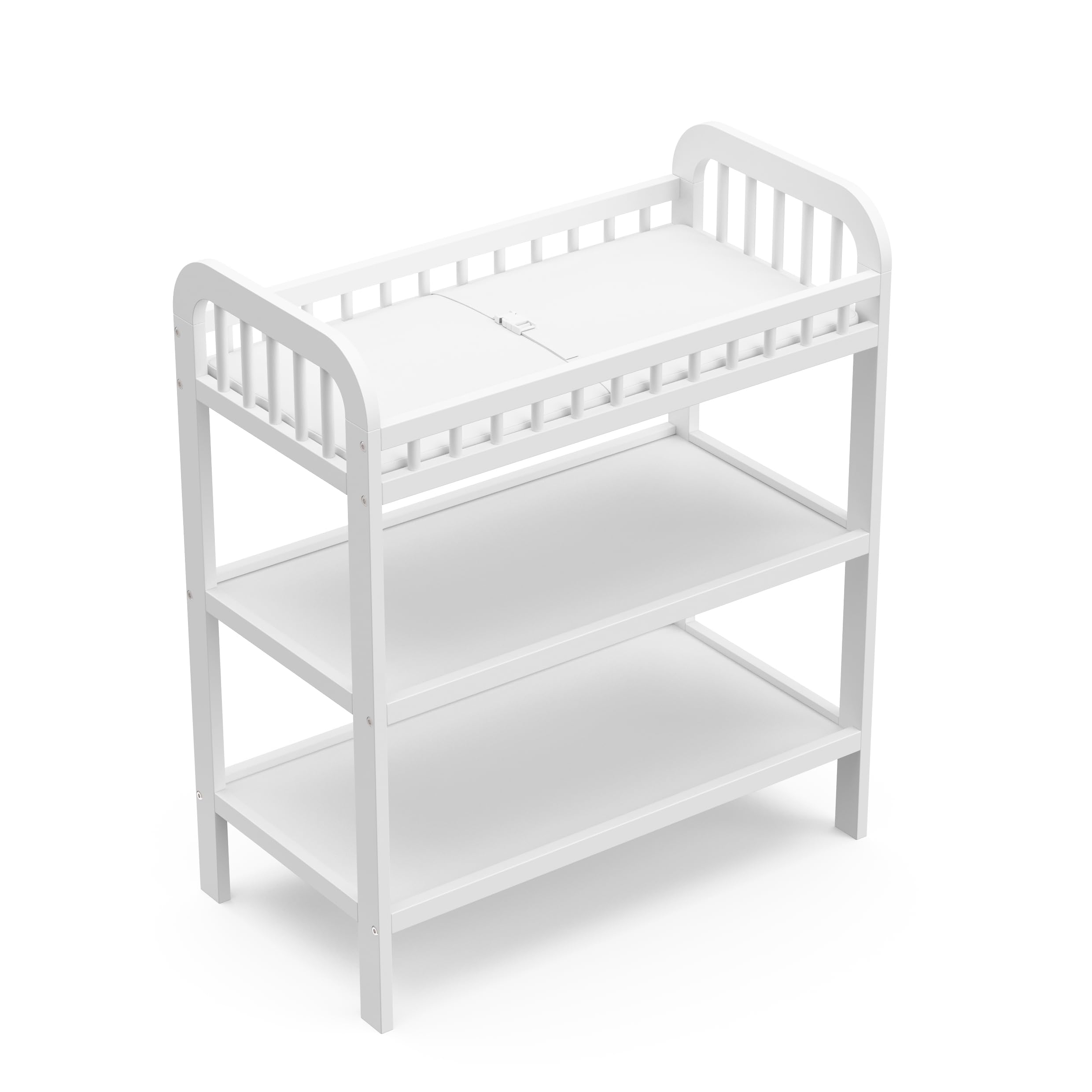 Storkcraft Pasadena White Changing Table with Water-Resistant Pad - GREENGUARD Gold Certified Baby Nursery Furniture, 2 Open Shelves & Safety Strap | Perfect for Diaper Changing, Baby Care Organization in Nursery Rooms