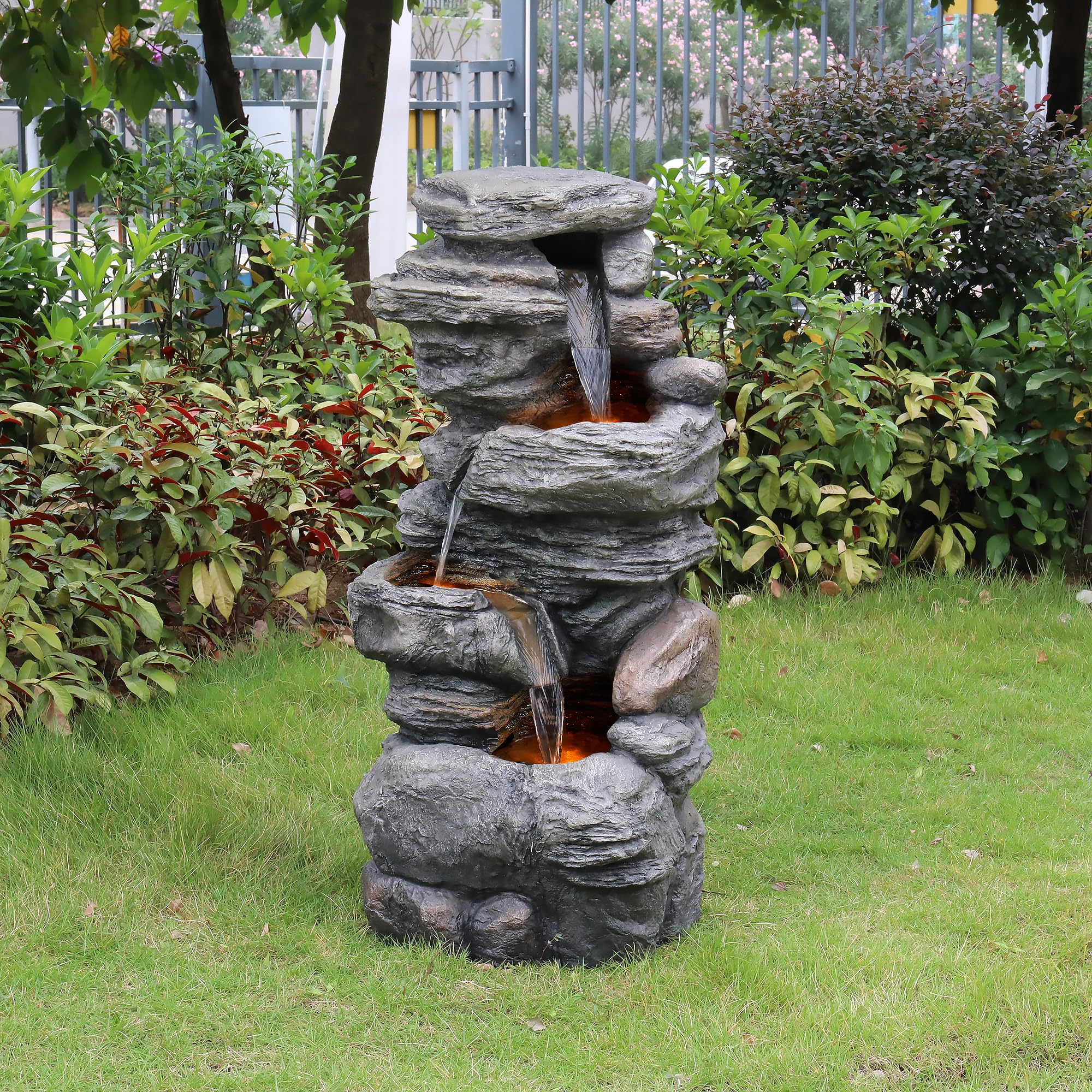 Teamson Home 39.37 Inch Outdoor Gray Faux Stacked Stone 4-Tier Water Fountain with LED Lights and Pump - Perfect for Garden, Patio, and Backyard Decor