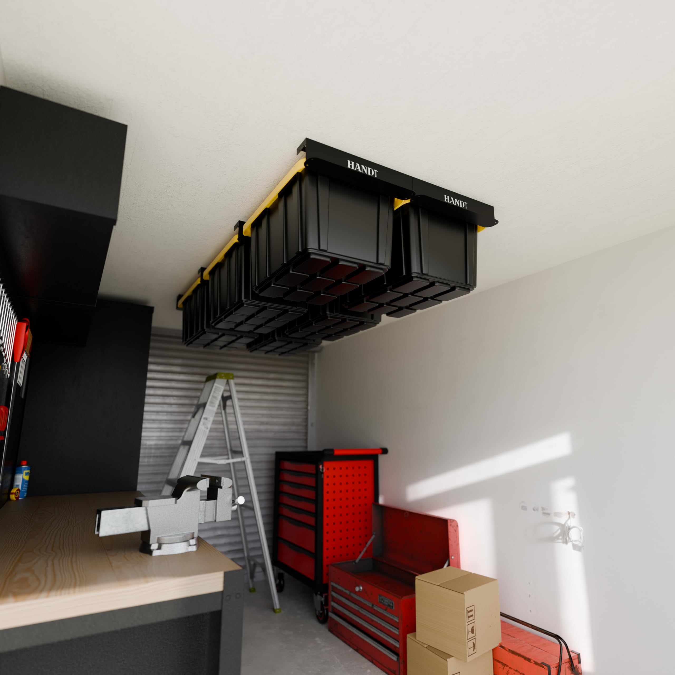 Heavy Duty Overhead Garage Storage Rack - Connectable Metal Ceiling Shelving System for Garage Organization | Supports Up to 6 Tote Bins (4-Pack, Black) | Perfect for Seasonal Storage, Sports Equipment & Home Organization