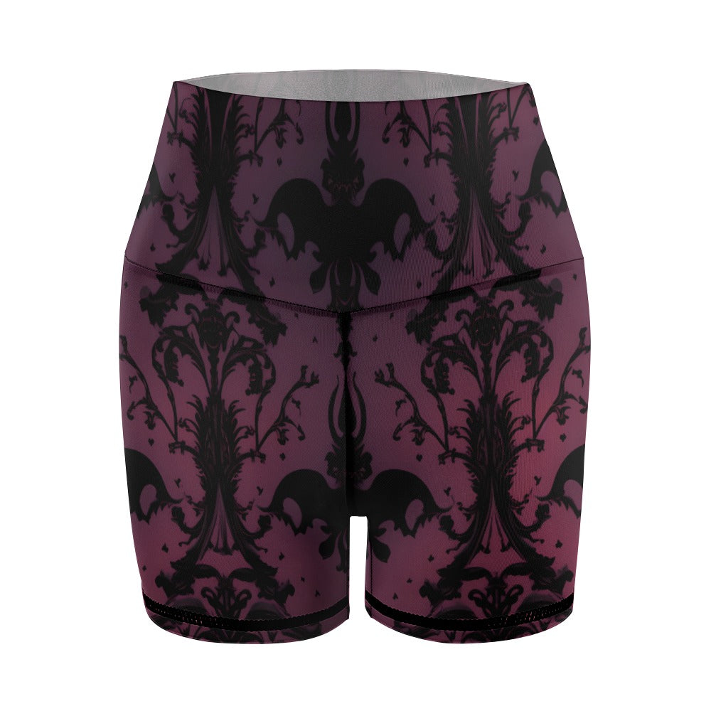 Gothic Purple and Black Pattern Slim Fit Yoga Shorts for Women - High Waisted Workout Shorts for Yoga, Running, Gym & Lounge Wear