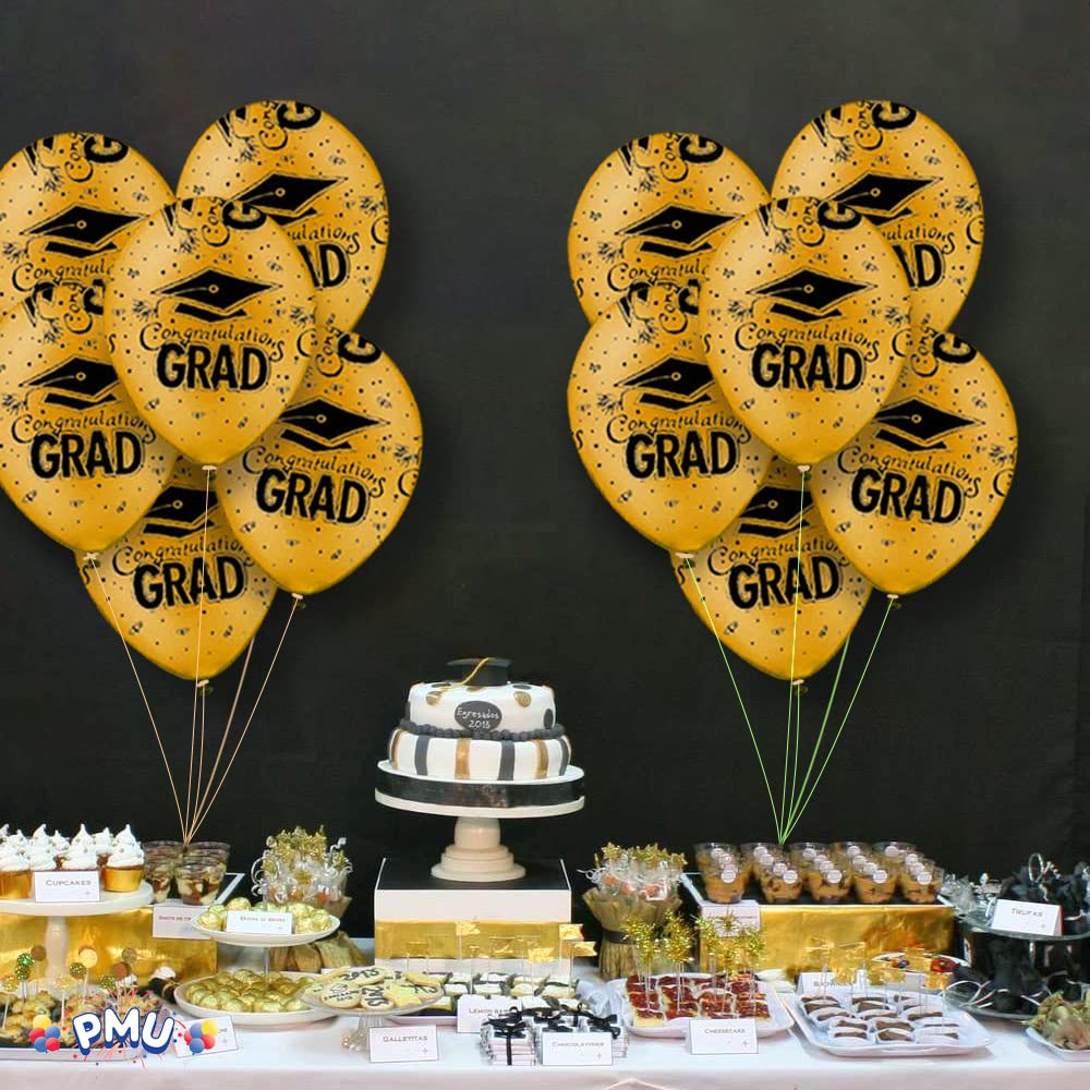 PMU Premium Gold Graduation Balloons with All-Over Print Black Graduation Caps, Confetti & Streamers - 100 Latex Balloons for Graduation Party Decorations | Perfect for Graduation Ceremonies, College Parties & School Celebrations