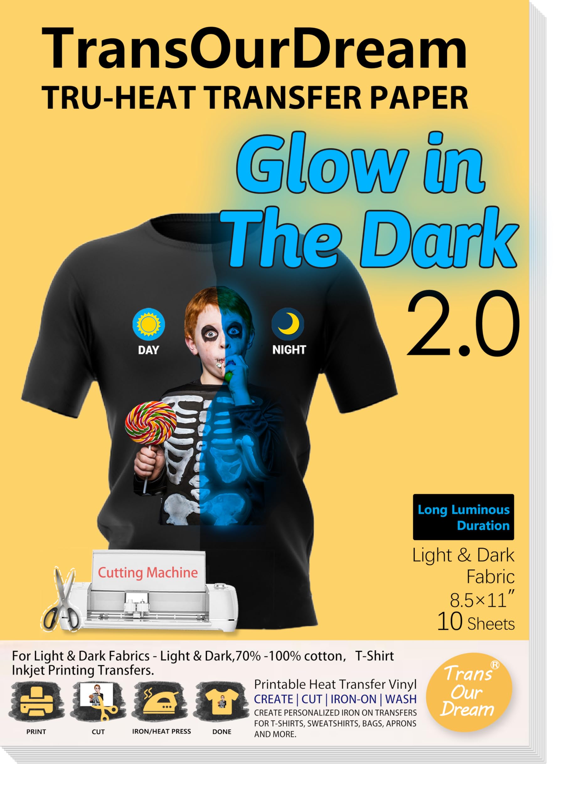 TransOurDream Glow in the Dark Heat Transfer Paper for T-Shirts - 10 Sheets (8.5x11'') Printable Iron-On Vinyl for Inkjet Printers - Works on Light & Dark Fabrics (TRANS-GD2-12) - Perfect for DIY Custom T-Shirts, Hoodies & Nighttime Party Apparel
