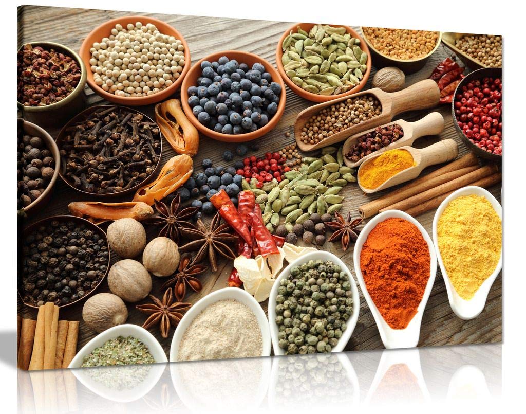 Rustic Aromatic Spices Bowls Canvas Wall Art Print - 36x24 Inch Kitchen Decor for Restaurant & Home - Perfect for Dining Room, Cafe, and Farmhouse Style Interior Design