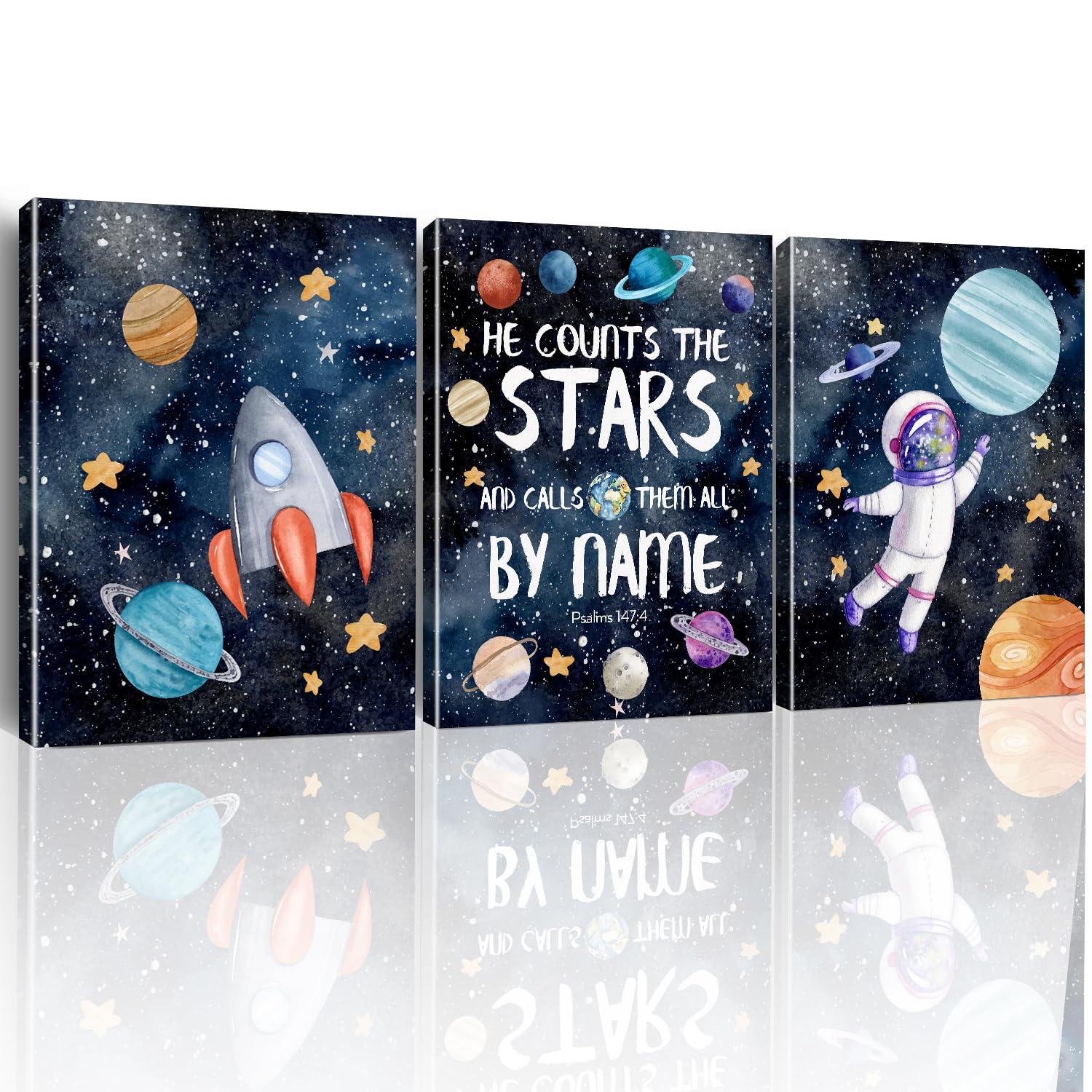 Outer Space Wall Art Decor for Boys Room - 3 Piece Christian Posters Set (12x15 Inches) - Perfect for Nursery, Bedroom & Playroom - Space Themed Kids Room Decor