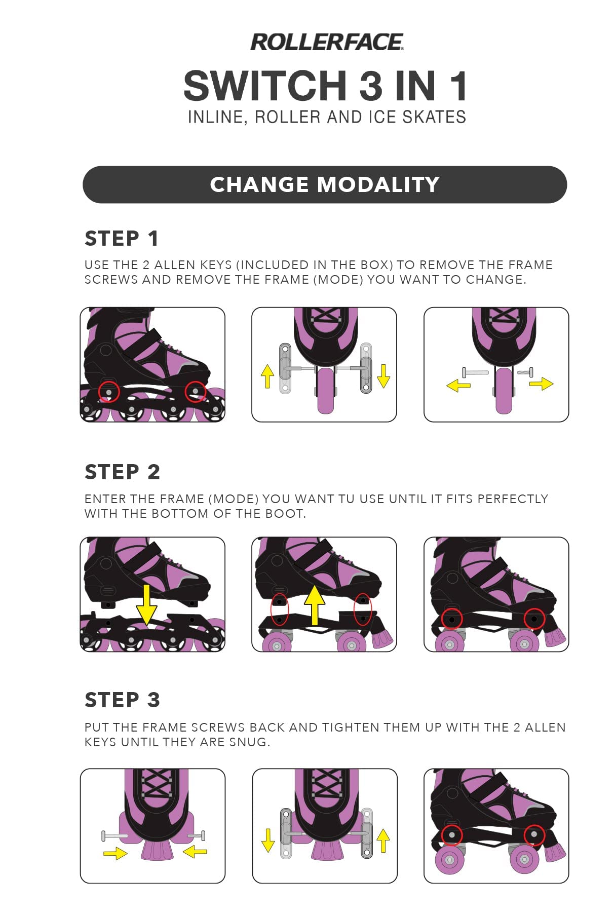 Rollerface Switch 3-in-1 Adjustable Skates for Kids & Adults - Convertible Inline Skates, Roller Skates & Ice Skates (Fits 3 Sizes) - Perfect for Sports, Outdoor Fun & Recreation Activities