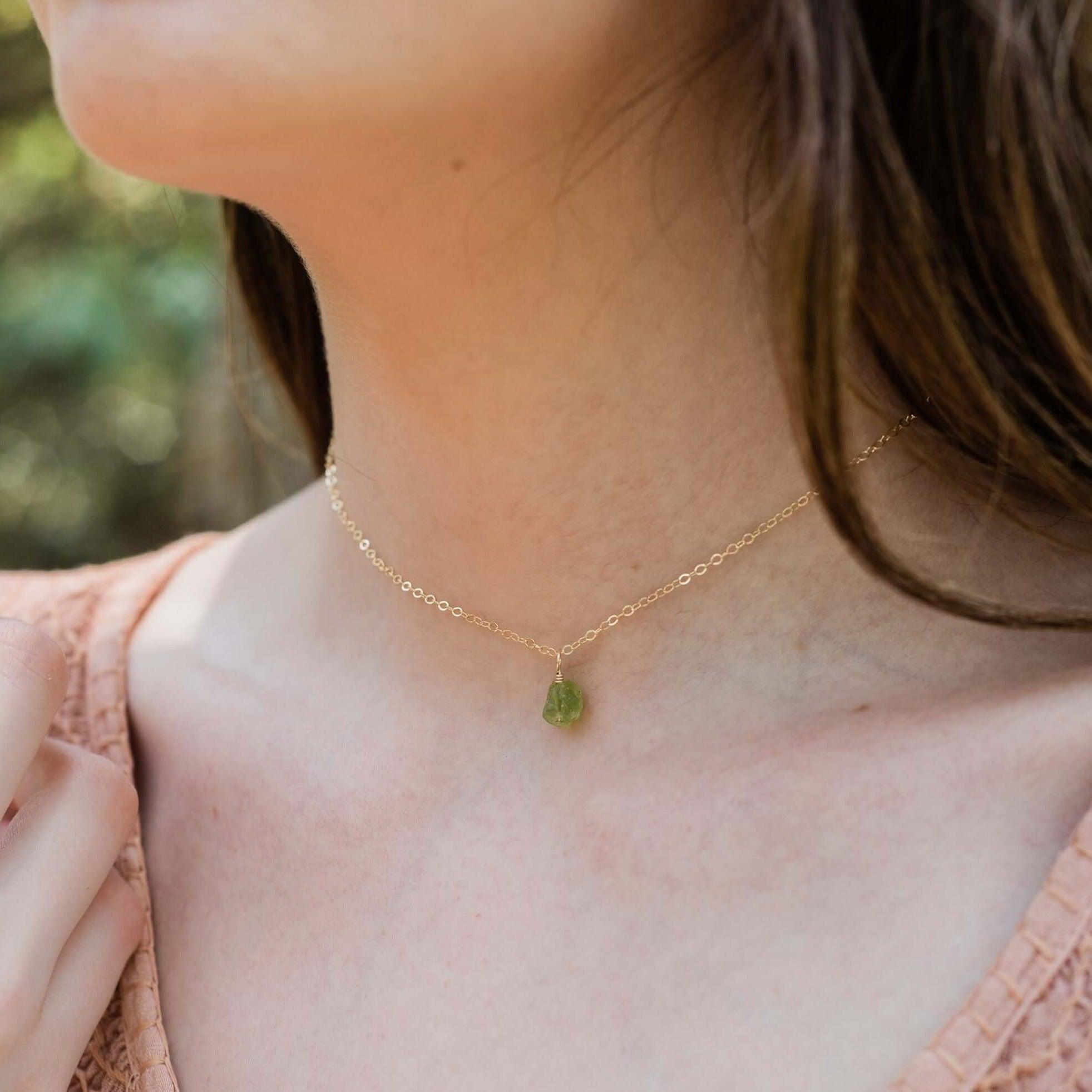 Tiny Rough Peridot Gemstone Pendant Choker Necklace - Natural Olive Green Stone Jewelry for Women, Boho Chic Layering Piece | Perfect for Everyday Wear, Gift Giving & Spiritual Healing