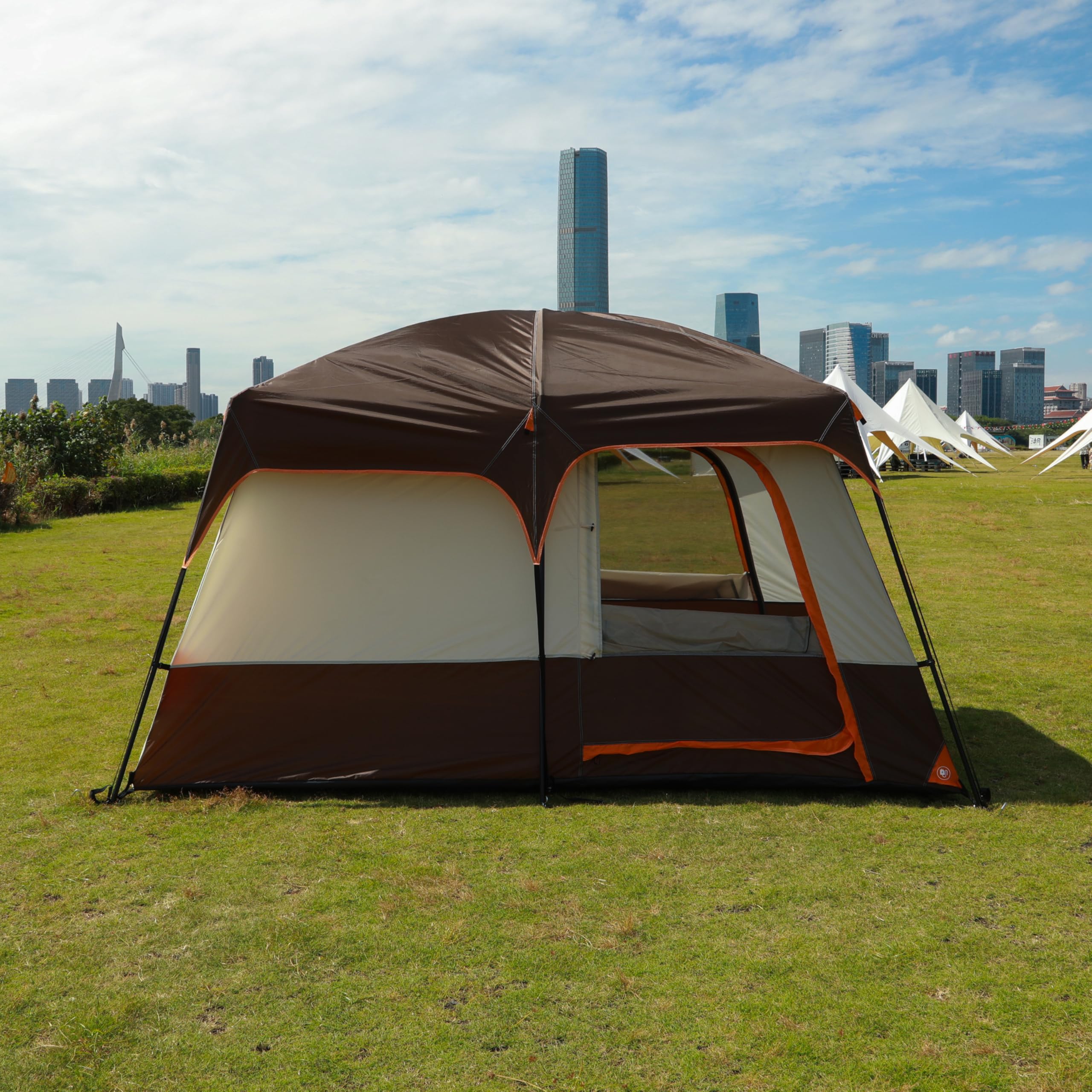 KTT Large Family Camping Tent for 6-8 Person, Waterproof Straight Wall Cabin Tent with 3 Doors & 3 Mesh Windows - Perfect for Outdoor Adventures, Picnics, Family Gatherings & Backyard Camping