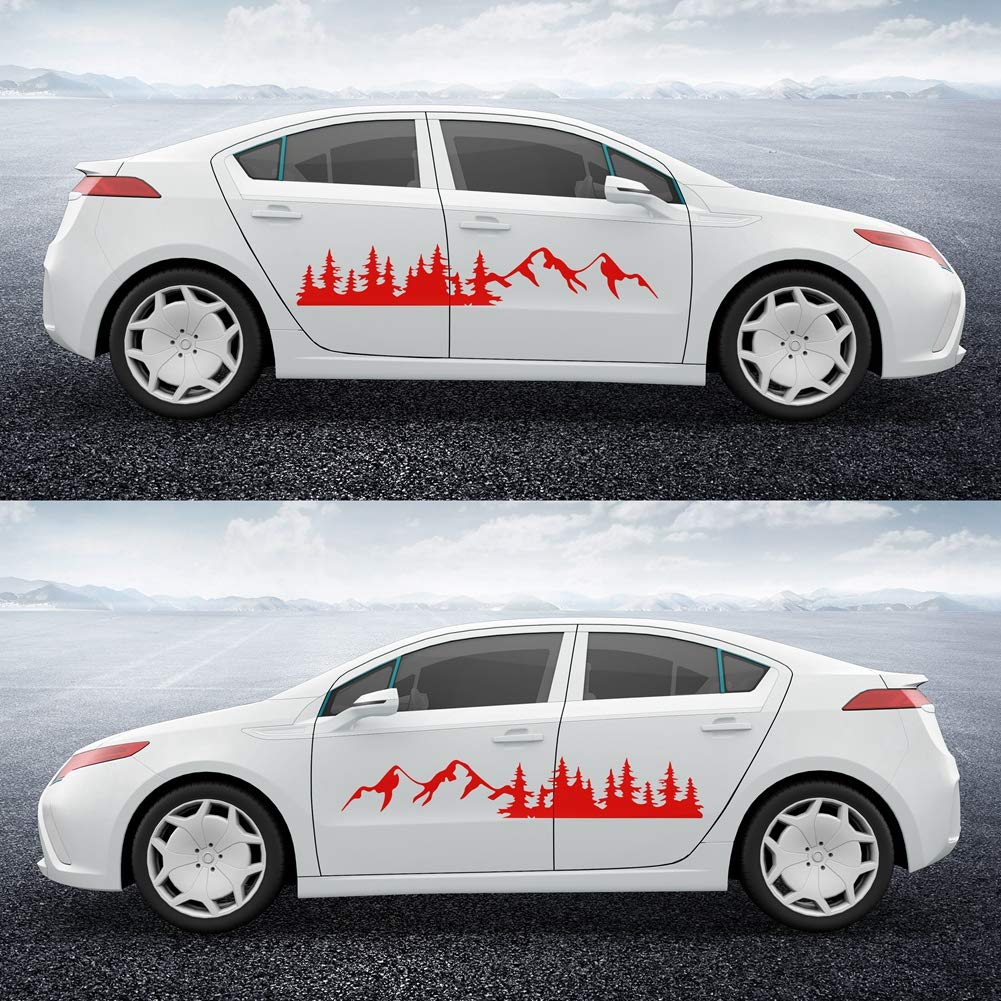 AuMoHall Forest & Mountain Scenery Car Decals - 70.86''x12.20'' Universal Self-Adhesive Vinyl Stickers for Auto Body Side Decoration (Red) - Perfect for SUV, Truck & Off-Road Vehicle Customization
