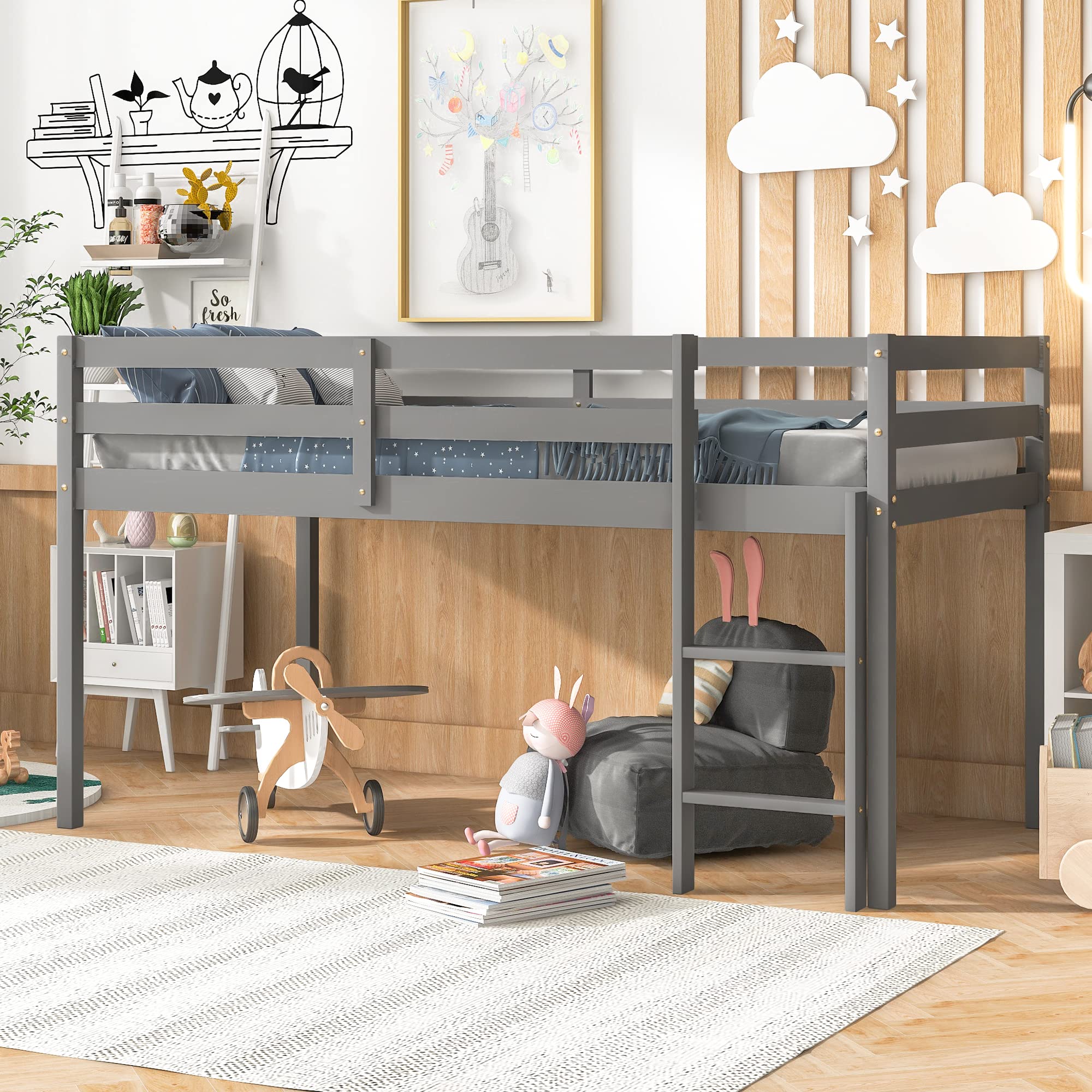 **Solid Wood Twin Loft Bed for Kids with Ladder & Guard Rail - Sturdy Low Bunk Bed Frame for Boys & Girls - No Box Spring Needed - Easy Assembly (Grey) - Perfect for Small Bedrooms, Dorms & Kids' Rooms**