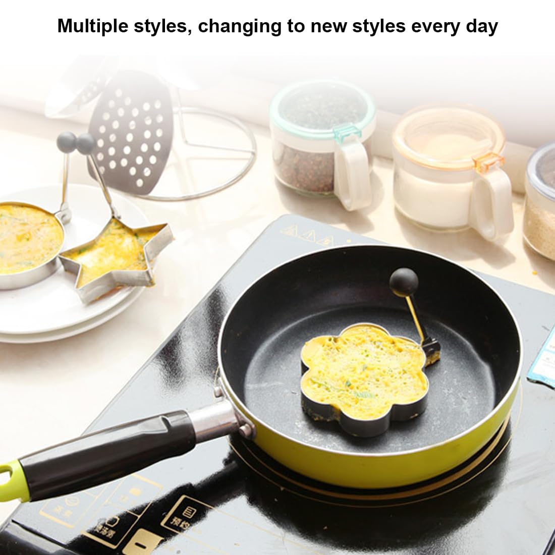 KXUSW 5-Piece Stainless Steel Pancake & Egg Mold Set - Non-Slip Omelette, Poached Egg & Pancake Shapers - Perfect for Breakfast, Brunch & Kids Cooking (5 Shapes)