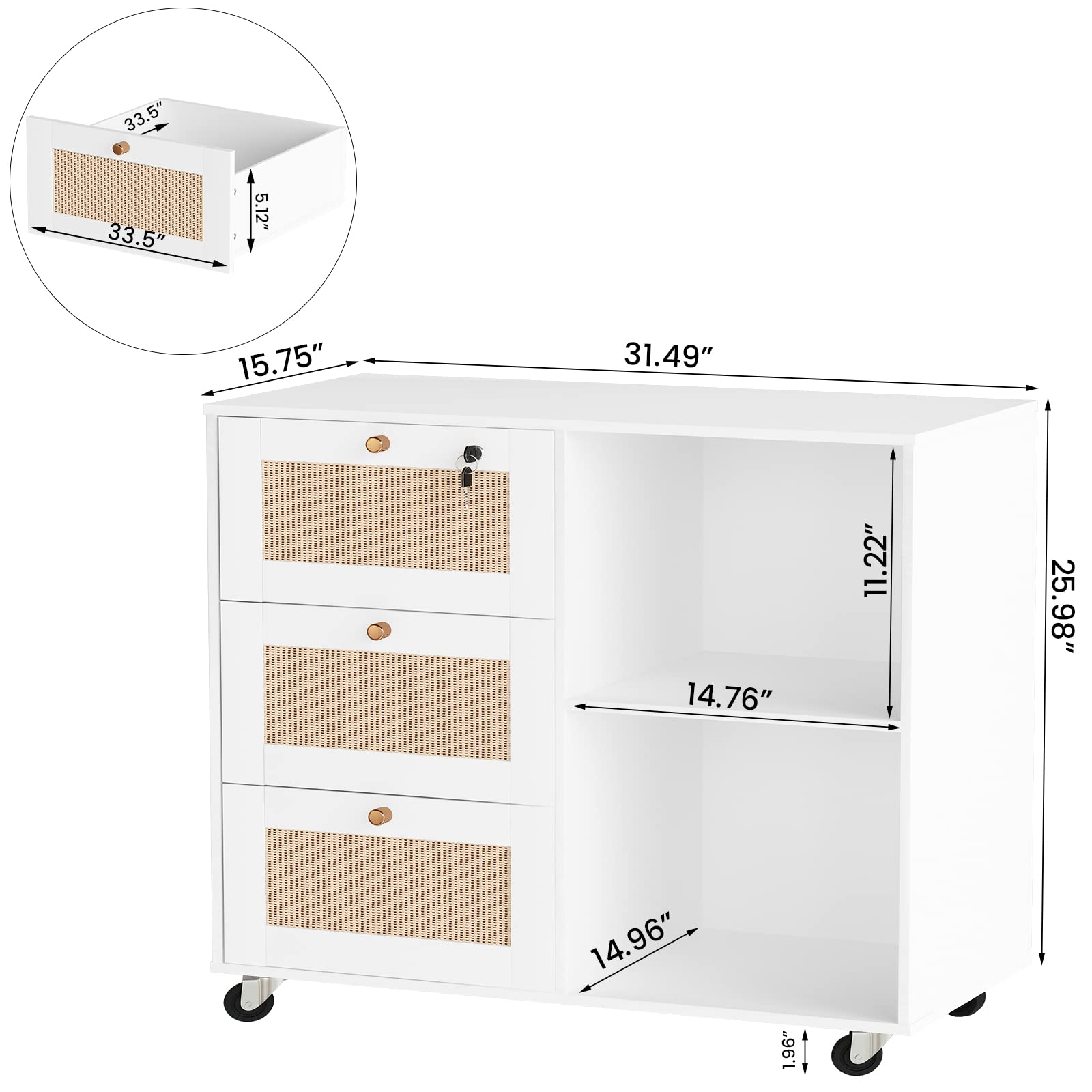 AWQM 3-Drawer Wooden Filing Cabinet with Lock - Office Storage Cabinet, Printer Stand with Open Shelves, Rattan Mobile File Organizer for Home & Office, White - Perfect for Document Storage, Printer Organization & Home Office Decor