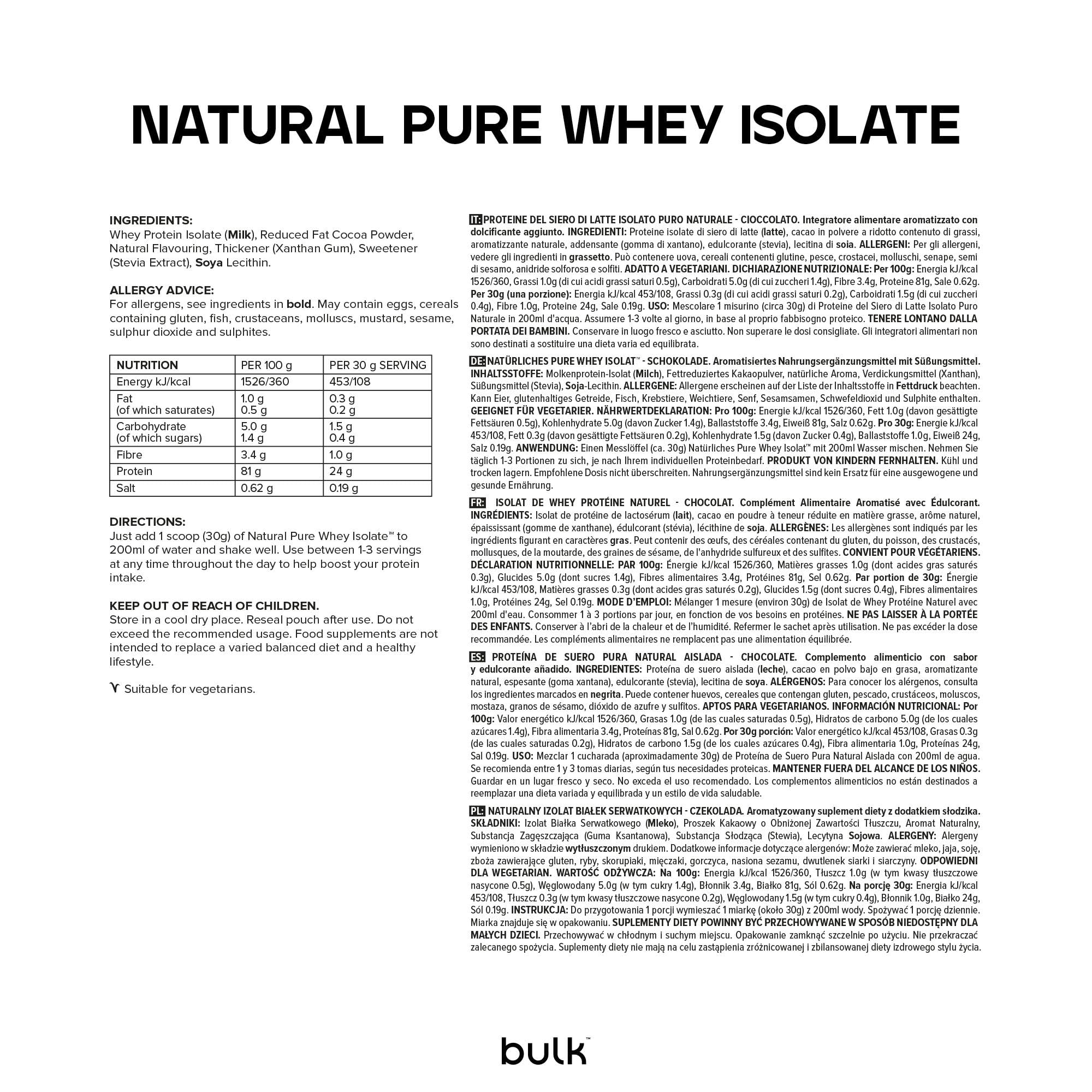 Bulk Natural Pure Whey Protein Isolate Powder - Stevia Sweetened, Chocolate Flavor, 2.5kg (5.5lb) for Muscle Recovery & Post-Workout Nutrition