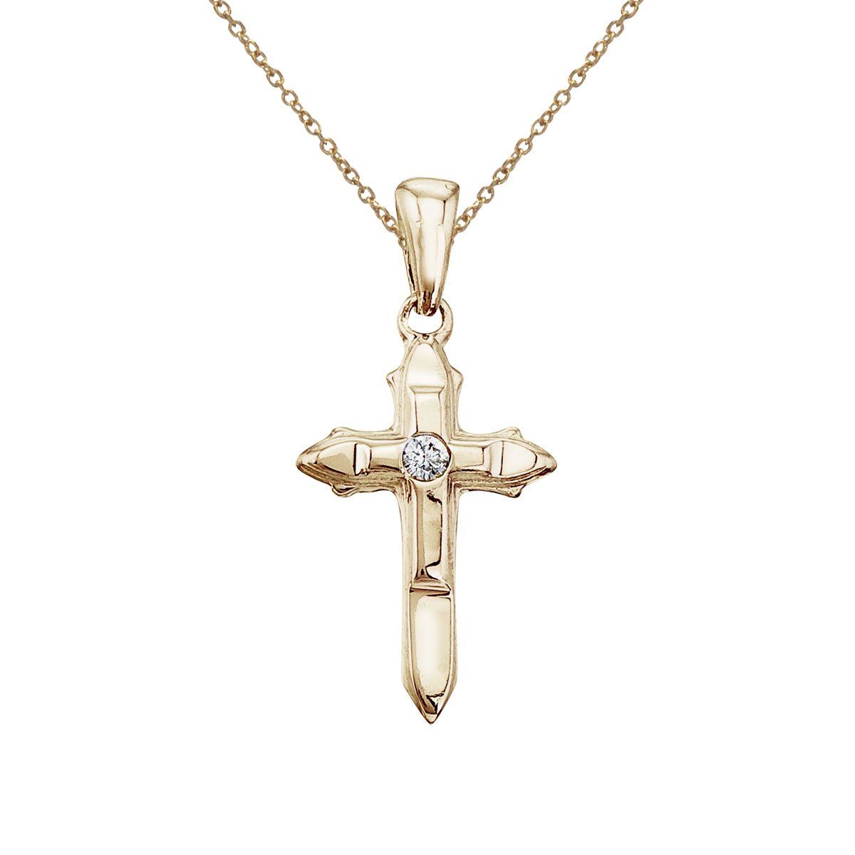 14K Yellow Gold Small Diamond Cross Pendant Necklace with 18