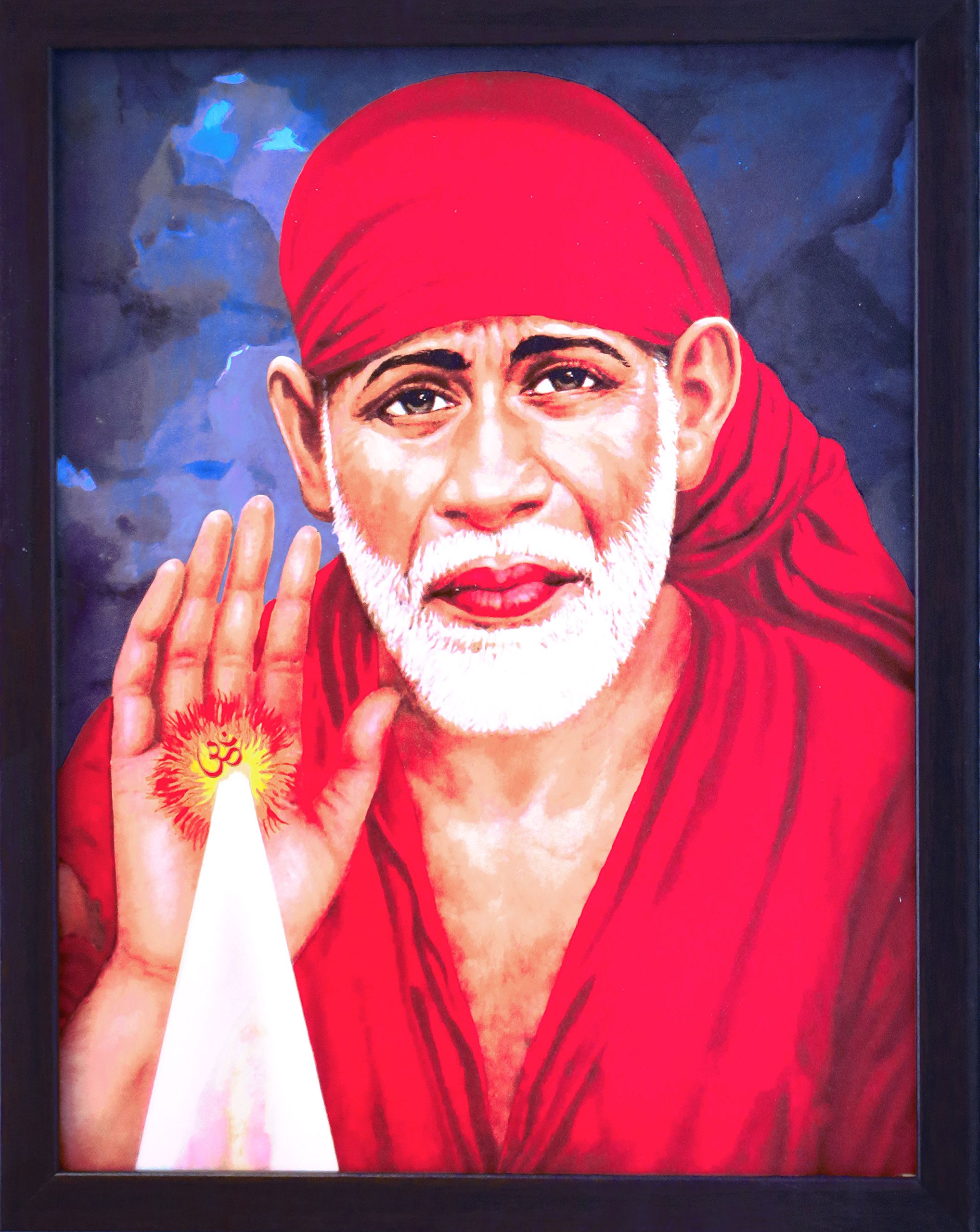12x9 Inch Sai Baba Poster Frame - Hindu Wall Decor for Living Room, Home Office & Pooja Room - Red Robe Blessing Art Print - Perfect for Spiritual Decor & Meditation Spaces