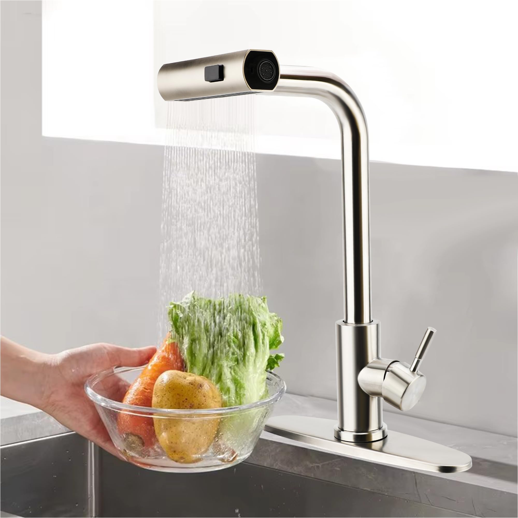MEKOTRIN 360° Rotatable Stainless Steel 304 Kitchen Waterfall Tap with 3 Jet Types, Splash-proof Mixer Tap for Modern Sink Design, Ideal for Home and Commercial Kitchens