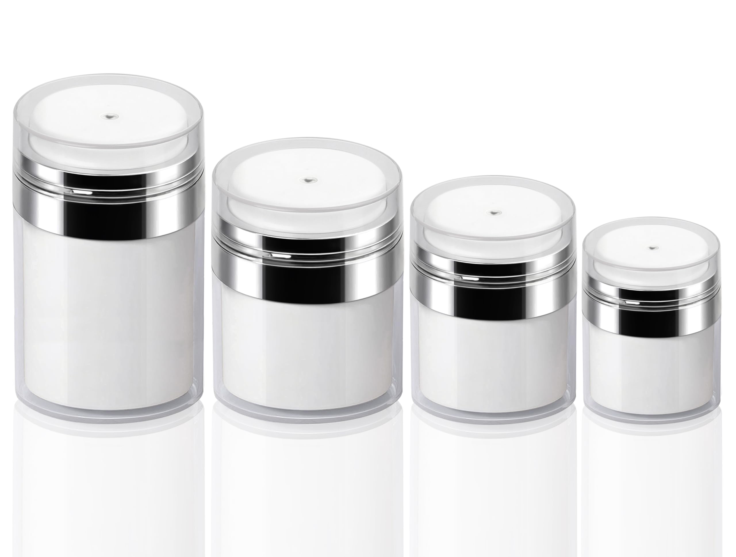 4-Pack Airless Pump Jars (0.5oz+1.0oz+1.7oz+3.5oz) - Leak-Proof Lotion Dispenser Bottles for Travel, Skincare Cream & Makeup Storage - Perfect for Moisturizers, Serums & Cosmetic Products On-The-Go