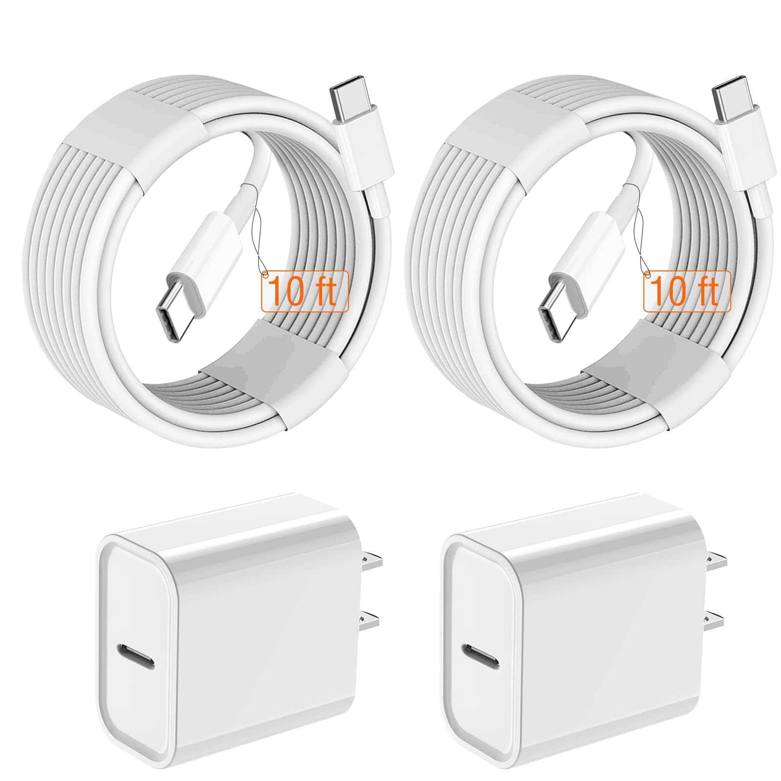 2-Pack 20W USB-C Fast Charger & 10FT USB-C to USB-C Cable for iPad Pro 12.9/11, iPad Air 5th/4th Gen, iPad Mini 6th Gen - Perfect for Home, Office & Travel Charging
