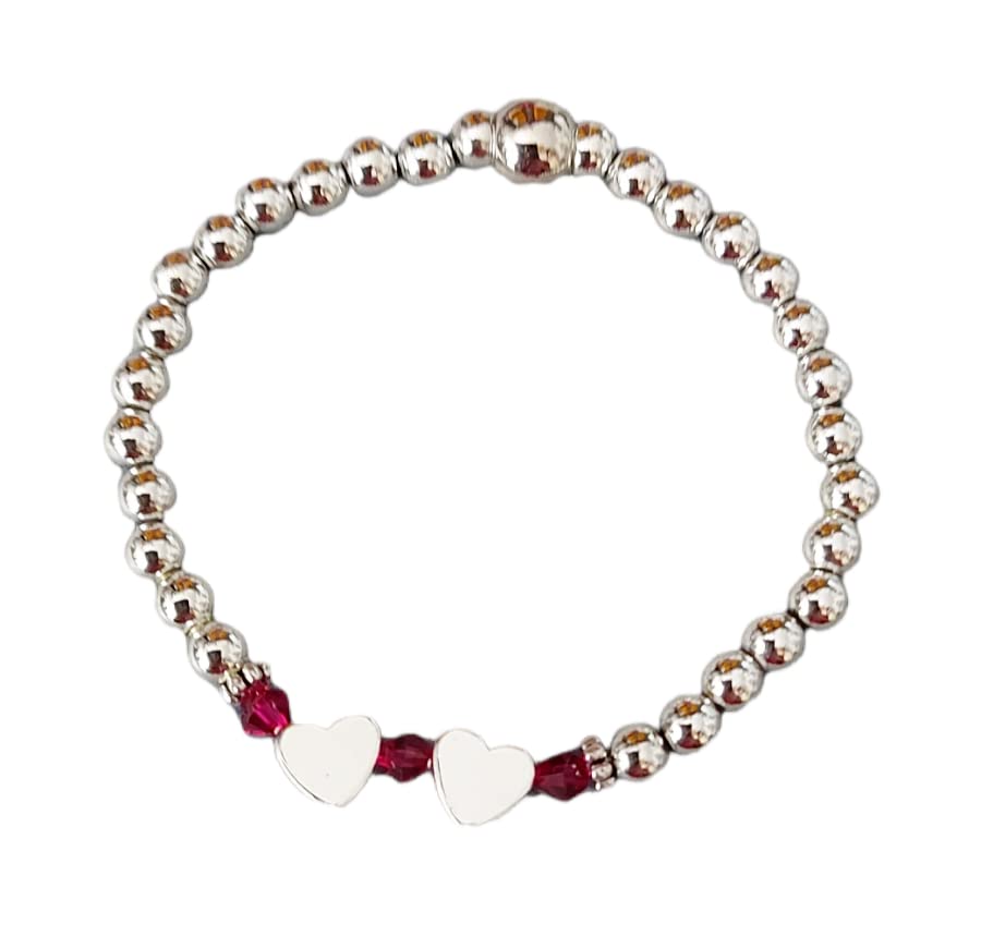 Handmade Silver Stretch Bracelet with Crystals & Hearts for Women's Fashion Jewelry