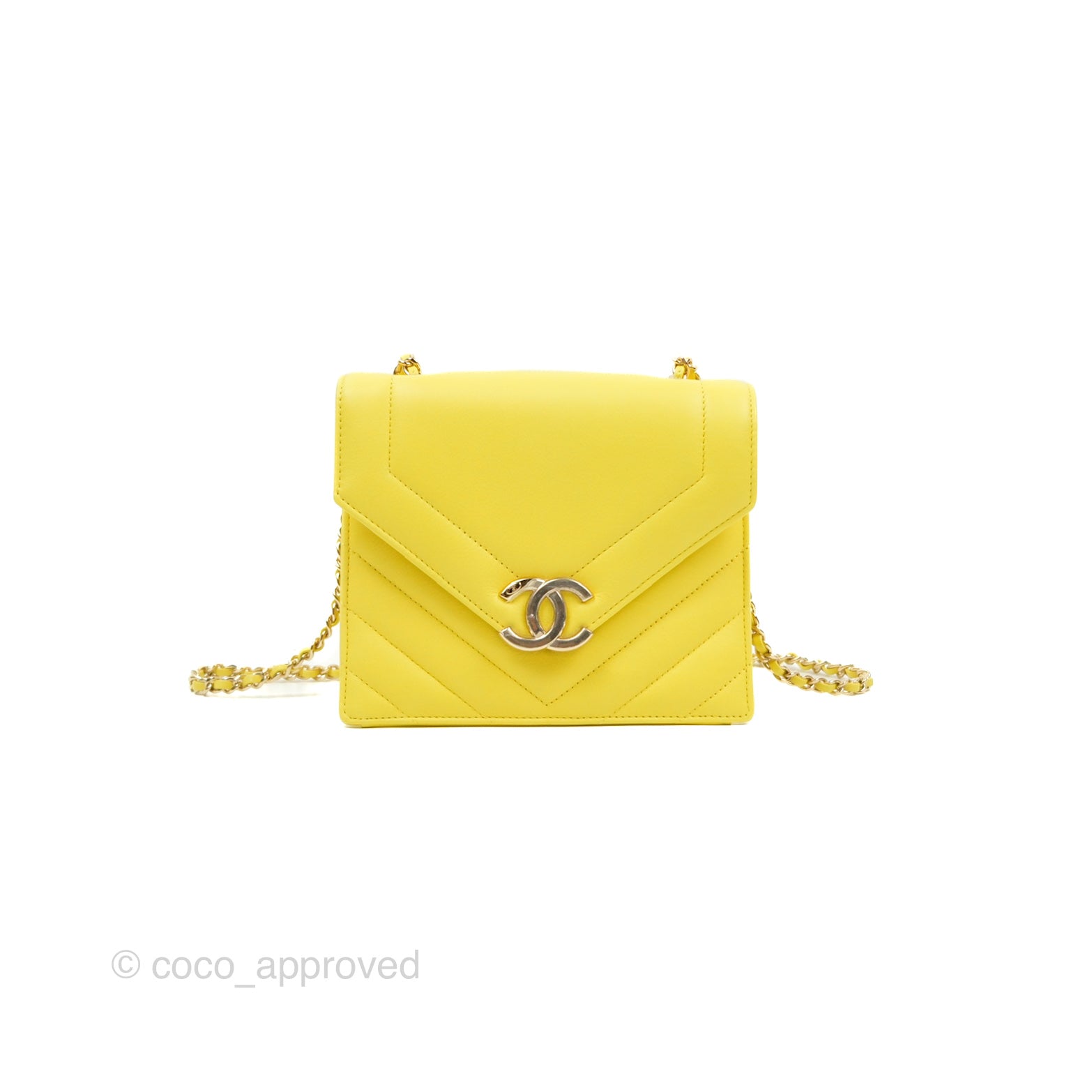 Chanel Chevron Square Envelope Flap Bag in Yellow - 19C Collection | Luxury Crossbody Bag for Women, Perfect for Parties & Evening Events