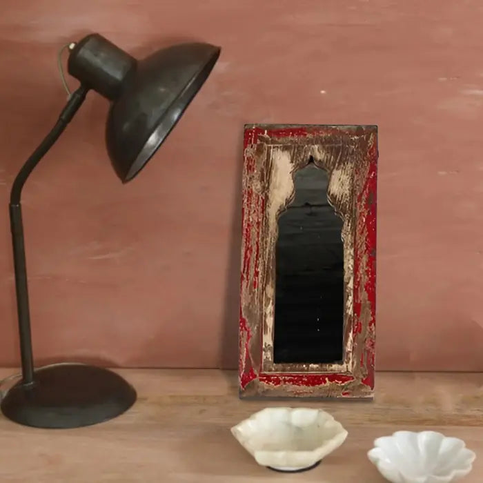 Handmade Antique Wooden Arched Mirror Frame - Vintage Red Finish - 25x5x40 cm - Perfect for Living Room, Bedroom & Bathroom Décor