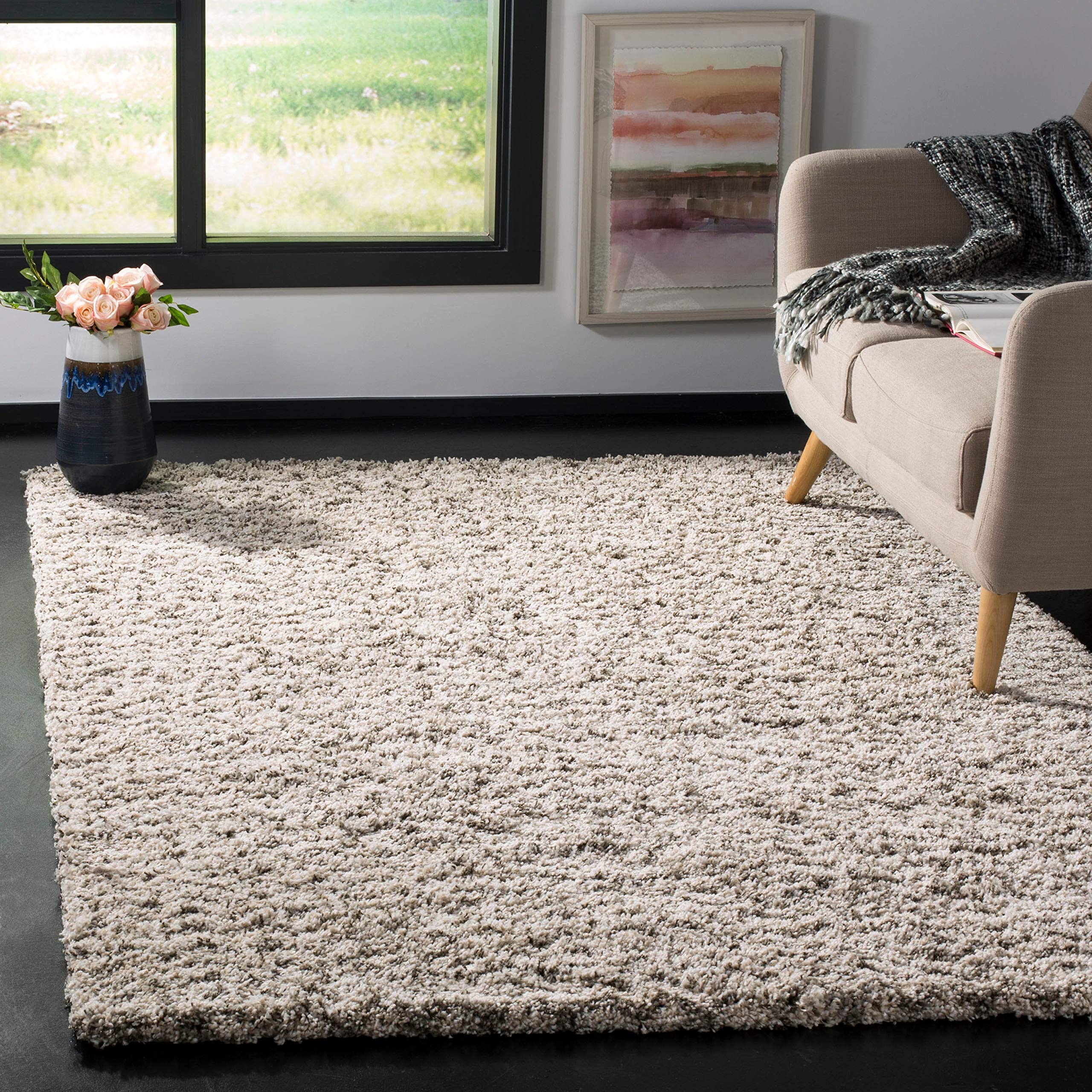 SAFAVIEH Hudson Shag Collection 5'x5' Ivory/Grey Chevron Area Rug - 2-inch Thick Plush Non-Shedding Carpet for Living Room, Bedroom, Dining Room & Entryway - Perfect for Cozy Home Decor & High-Traffic Areas (Model SGH330A)