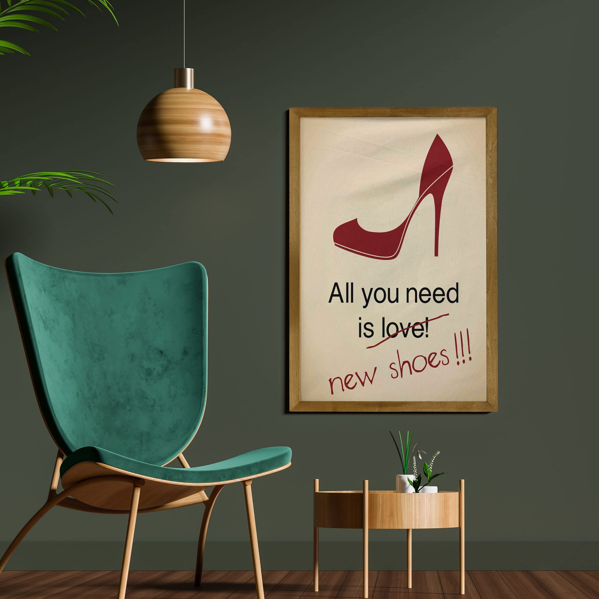 Ambesonne High Heels Framed Wall Art - Funny 'All You Need is New Shoes' Lettering with Stiletto Design, Fabric Poster with Walnut Wood Frame - 23