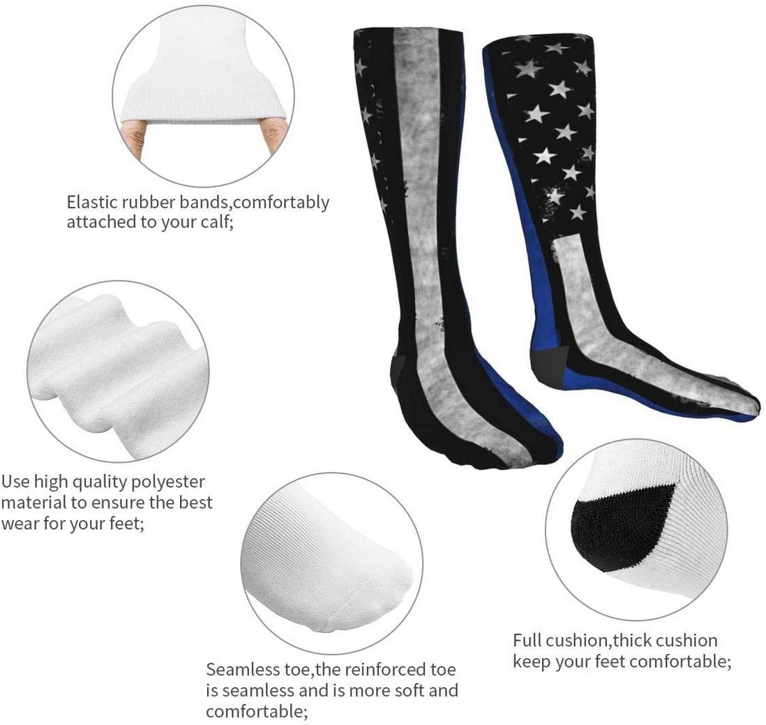 American Police Flag Compression Socks - Black, White & Blue Striped Unisex Printed Socks - Crazy Patterned Fun Long Cotton Over-The-Calf Tube Socks for Running, Nursing & Law Enforcement Support