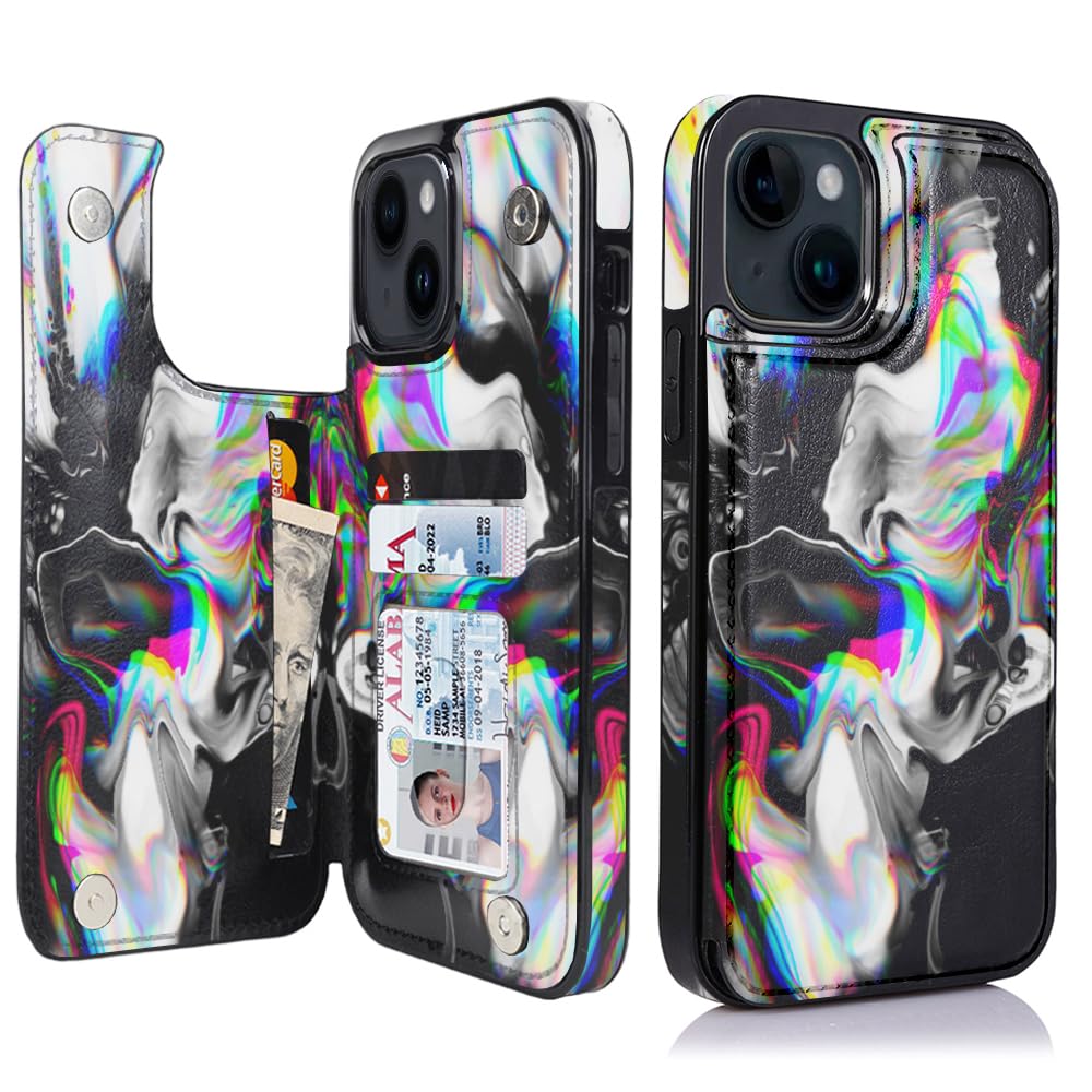 uCOLOR Flip Leather Wallet Case with Card Holder & Kickstand - Compatible with iPhone 13/14 6.1 Inch - Stylish Protective Phone Cover for Women & Girls (Black Rainbow Marble) - Perfect for Daily Use, Travel & Business Meetings