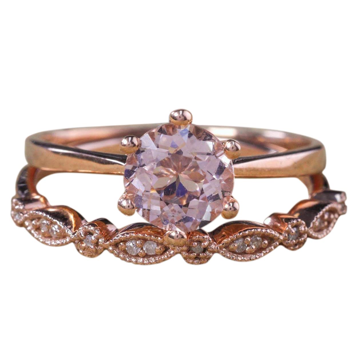 1.25 Carat Round Cut Morganite & Diamond Wedding Ring Set in 18K Gold Plating - Vintage Bridal Jewelry for Engagement, Anniversary & Special Occasions