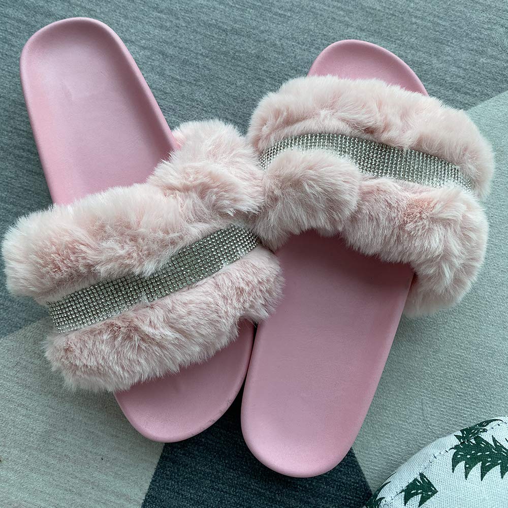 JITUUE Women's Light Slide Slippers - Faux Fur Rhinestone Slip-On Heel Flats with Platform - Open Toe Sandals for Indoor/Outdoor Use - Perfect for Lounging, Spa Days, and Beach Wear