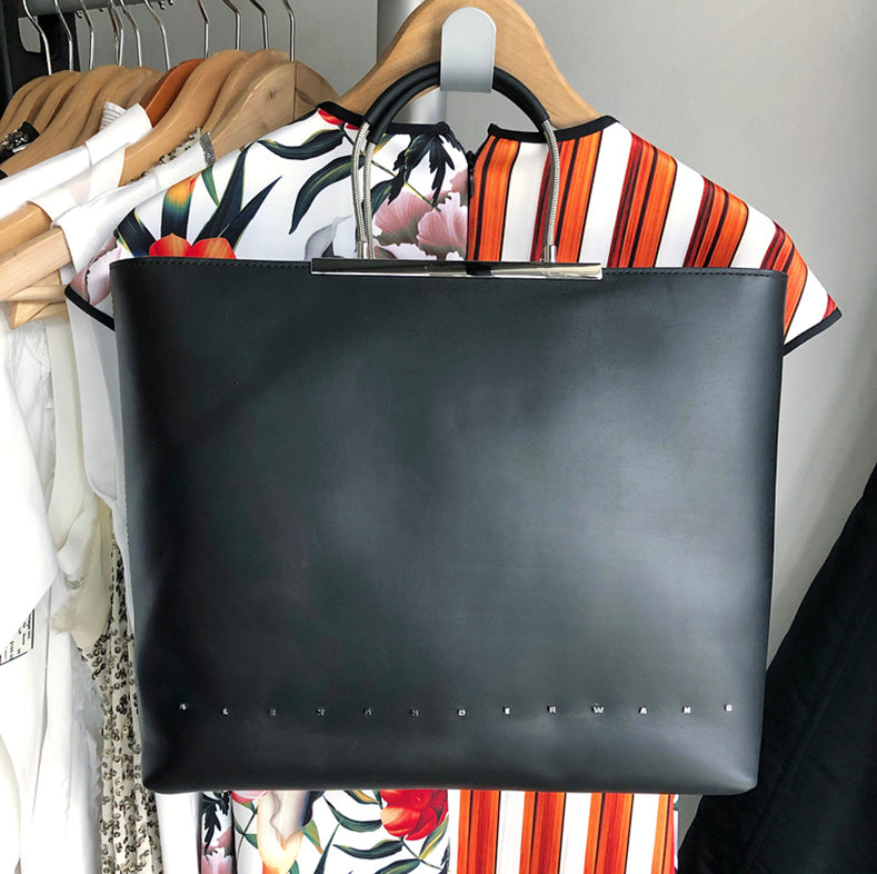 Alexander Wang Black Leather Zip Top Tote Bag with Logo Letters - Stylish Designer Handbag for Work, Travel & Everyday Use