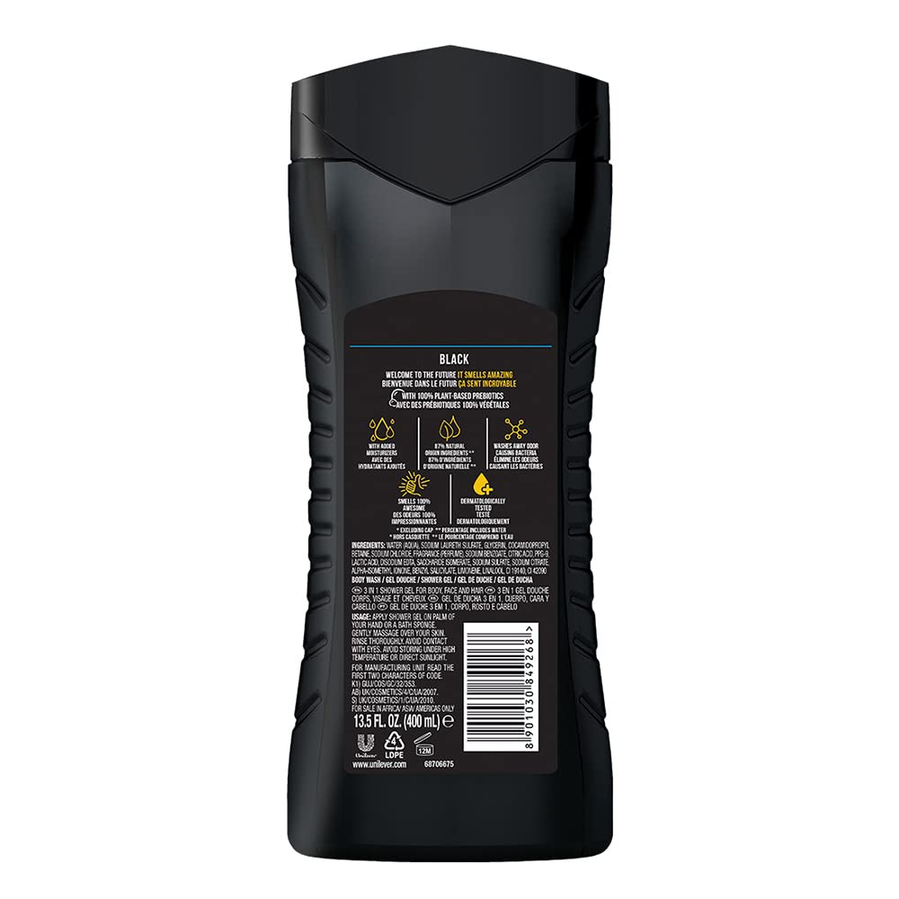 AXE Black 3-in-1 Body Wash, Face Wash & Shampoo for Men - Long Lasting Refreshing Frozen Pear Scent, Dermatologist Tested, 400ml - Perfect for Gym, Travel & Daily Shower Routine