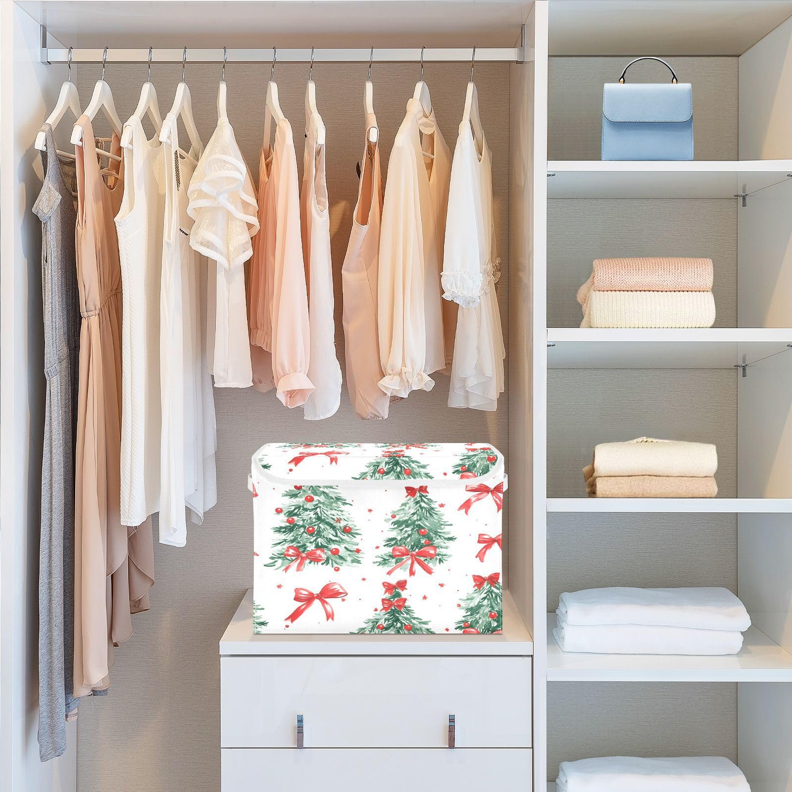 Christmas Tree Pattern Fabric Foldable Storage Bins with Lids - Collapsible Storage Box Organizer for Home, Bedroom, Closet & Office - Perfect for Holiday Decor, Gift Wrapping & Year-Round Organization