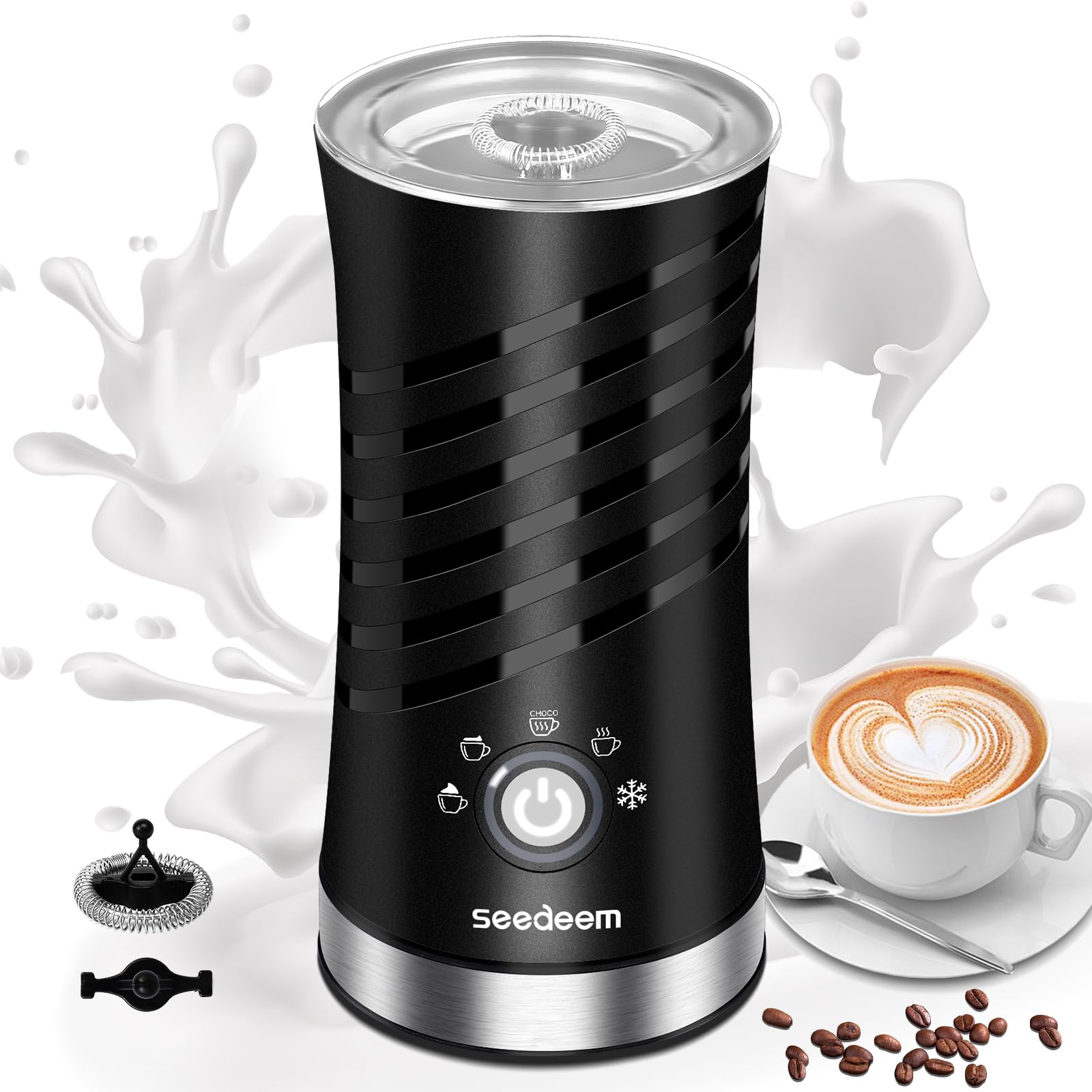 SEEDEEM 5-in-1 Electric Milk Frother & Steamer - Automatic Hot/Cold Foam Maker with 2 Whisks for Coffee, Latte, Cappuccino, Hot Chocolate | Perfect for Home Baristas & Coffee Lovers