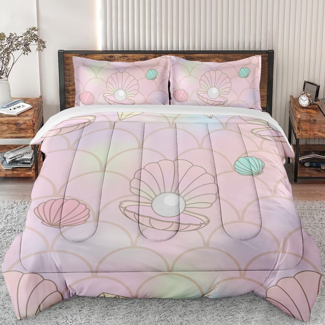 **King Size Mermaid Seashell Comforter Set - Soft Pink Ocean Bedding for Kids & Adults, Includes 2 Pillowcases - Perfect for Bedroom Decor & Coastal-Themed Rooms**