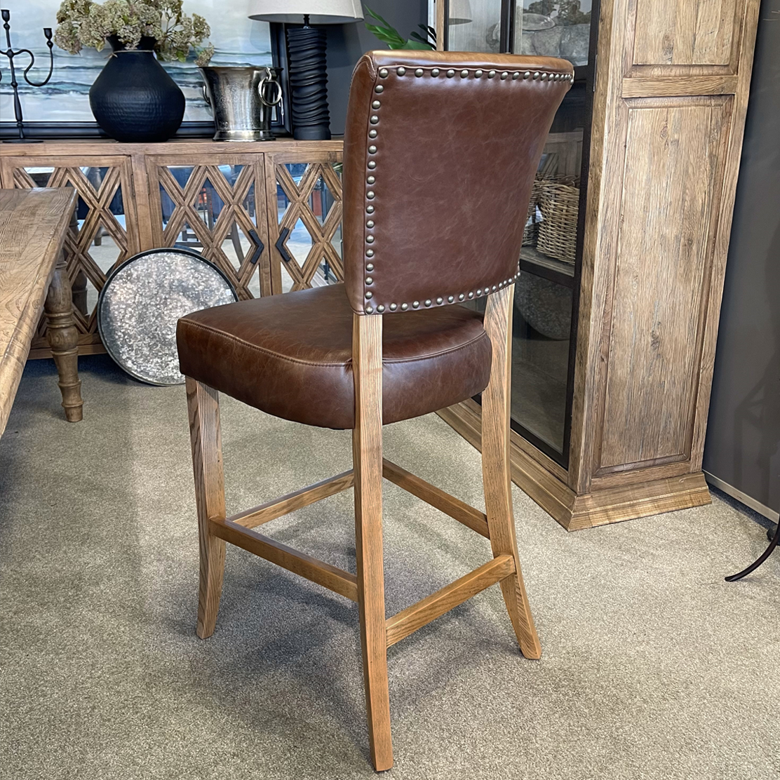Brixham Brown Leather Barstool - Havana Style Adjustable Height Bar Stool with Footrest, Rustic Pub Stool for Kitchen Island, Home Bar & Dining Counter - Premium Faux Leather Counter Height Stool