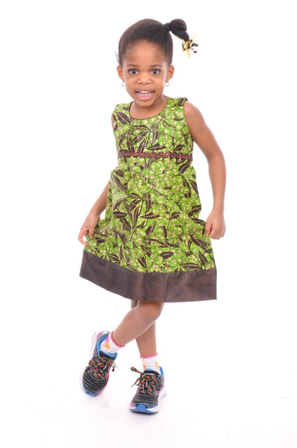 Stylish Green and Brown African Print Dress for Girls - DPC488 - Perfect for Parties, School Events & Cultural Celebrations