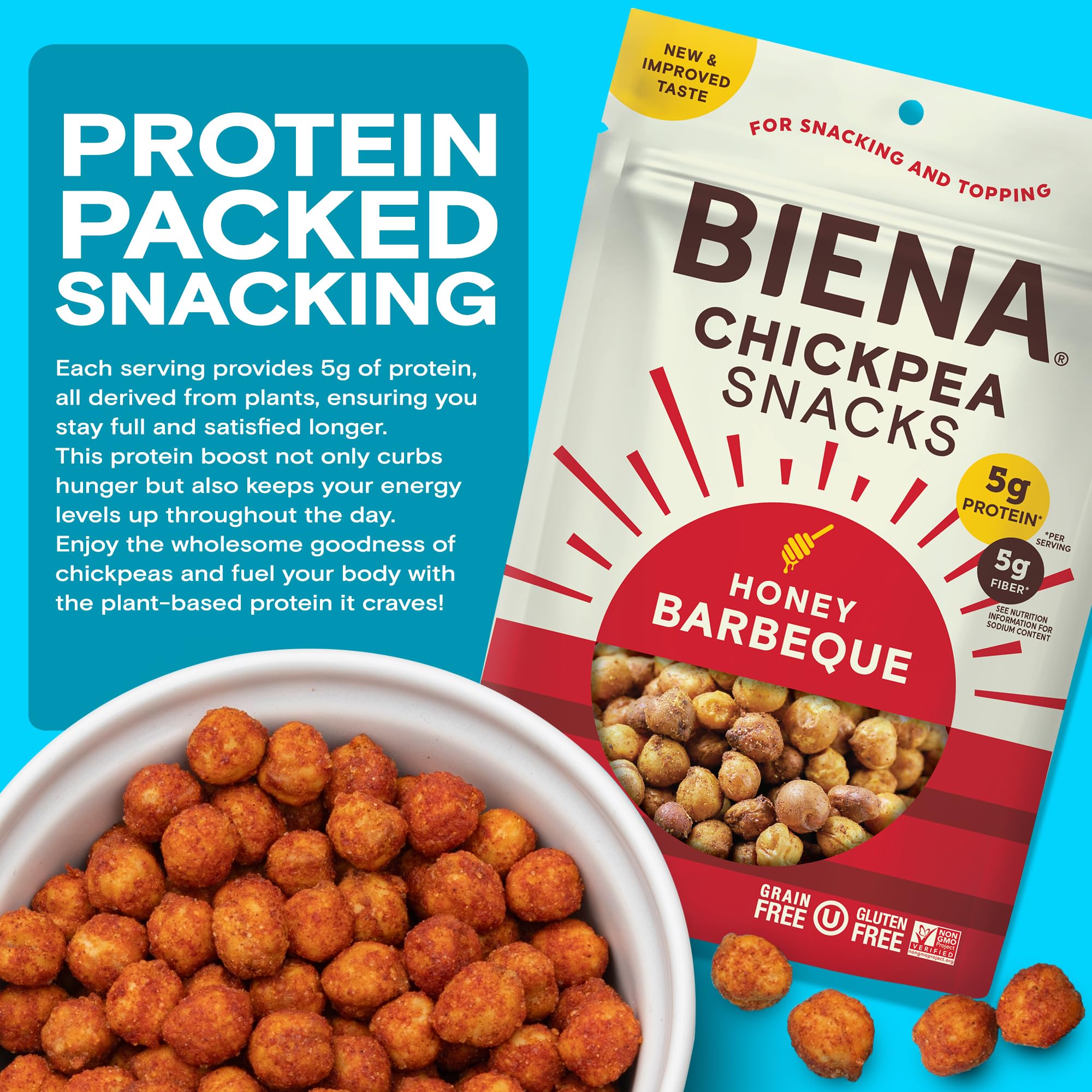 BIENA Crunchy Roasted Chickpea Snacks - High Protein & Fiber Healthy Snack for Adults & Kids - 4 Pack (5oz Bags) - Barbecue Flavor - Perfect for On-the-Go, School Lunches & Office Snacking