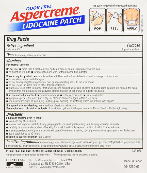 Aspercreme Lidocaine Pain Relief Patch - 4% Lidocaine Topical Pain Reliever for Back, Neck, Shoulder & Joint Pain - 5 Count Box | Drug-Free Pain Management Solution for Arthritis & Muscle Soreness
