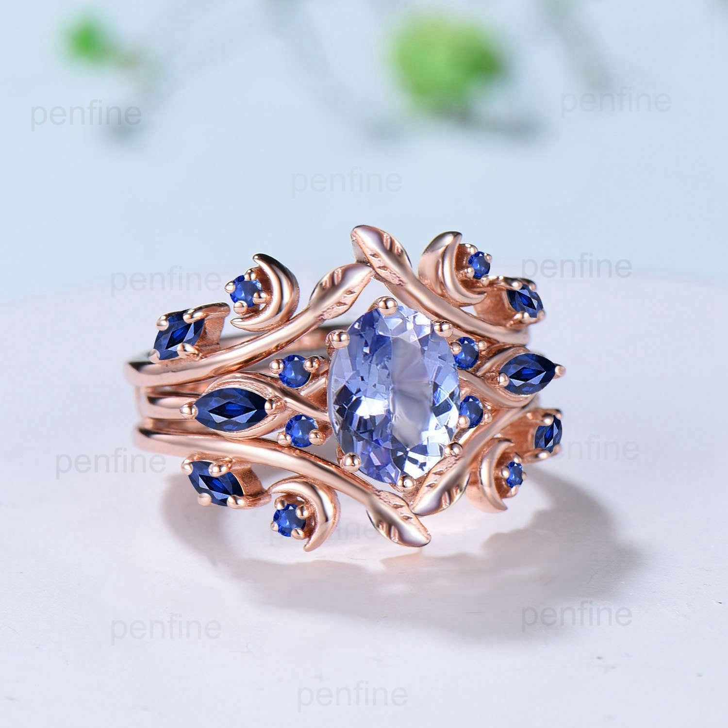 1.5CT Natural Oval Tanzanite & Marquise Blue Sapphire Engagement Ring Set - Nature Inspired Double Leaf Stacking Bridal Wedding Rings for Women - Perfect for Proposals, Anniversaries & Romantic Occasions