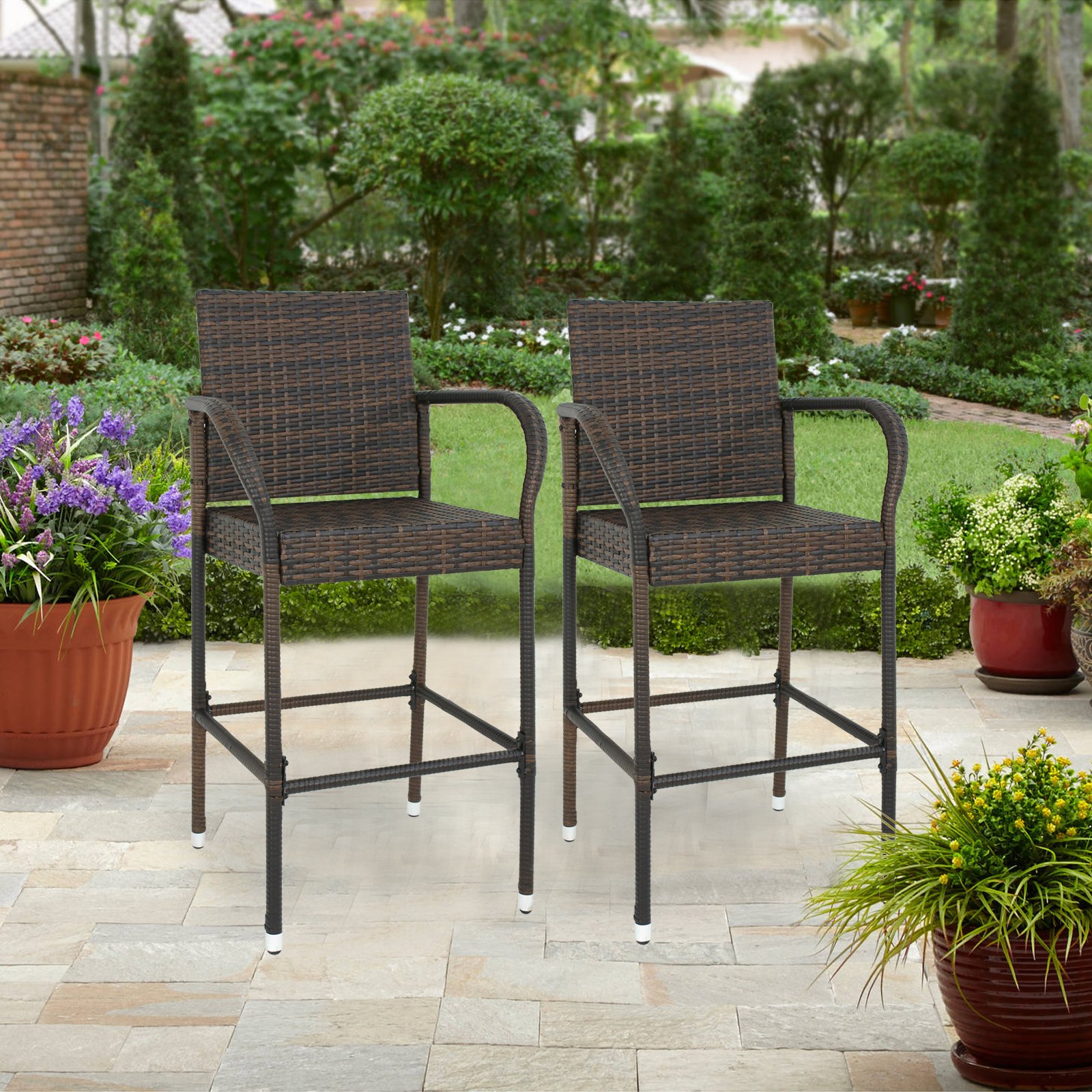 HomGarden Set of 2 Rattan Wicker Bar Stools - Outdoor Backyard Barstool Chairs with Armrests - Patio Furniture for Poolside, Garden, and Deck Use