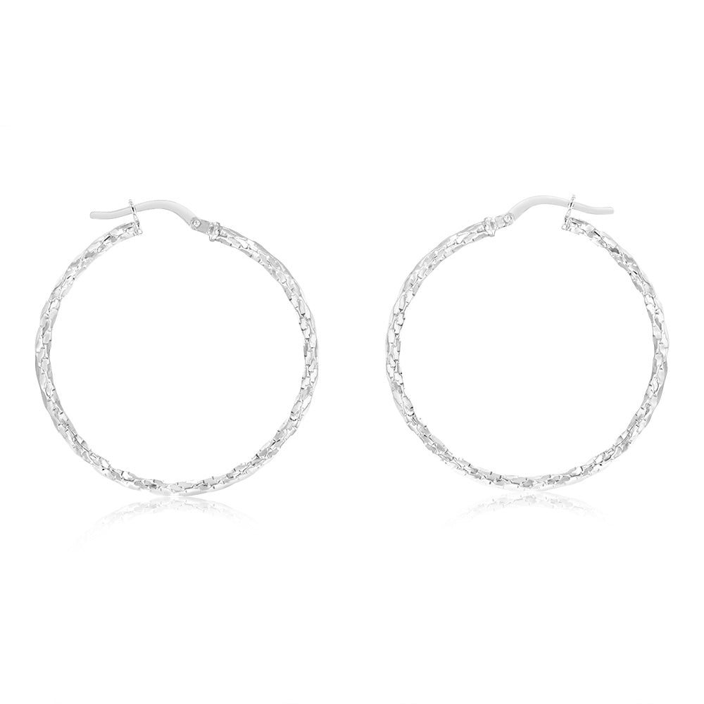 9ct White Gold Silver Filled Fancy Twisted 30mm Hoop Earrings for Women - Elegant Dangle Earrings for Party, Wedding & Everyday Wear
