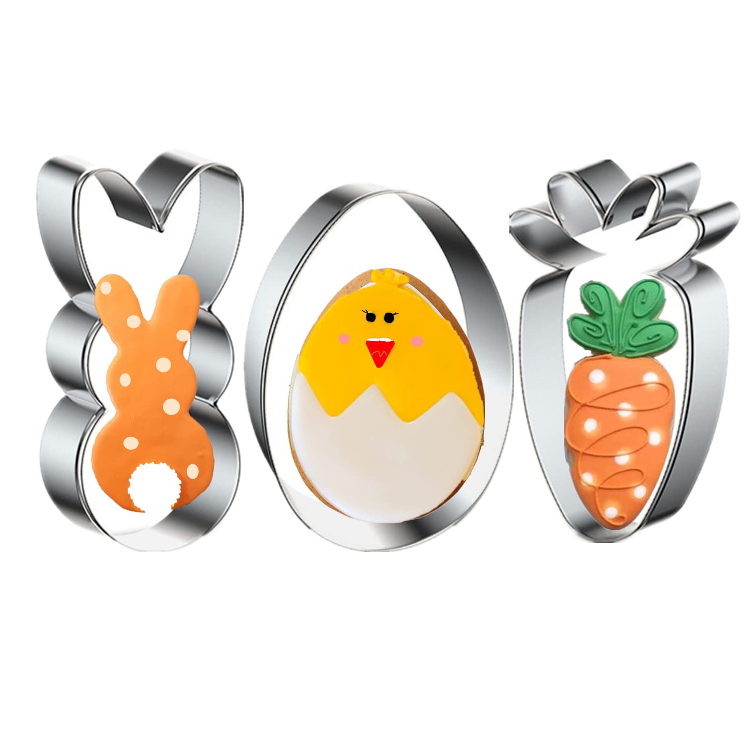 Easter Cookie Cutters Set - 3Pcs Stainless Steel Bunny Rabbit Egg Carrot Shaped Baking Tools for Holiday Cookies, Cupcakes & DIY Decorations - Perfect for Easter Baking, Party Treats and Family Fun Activities