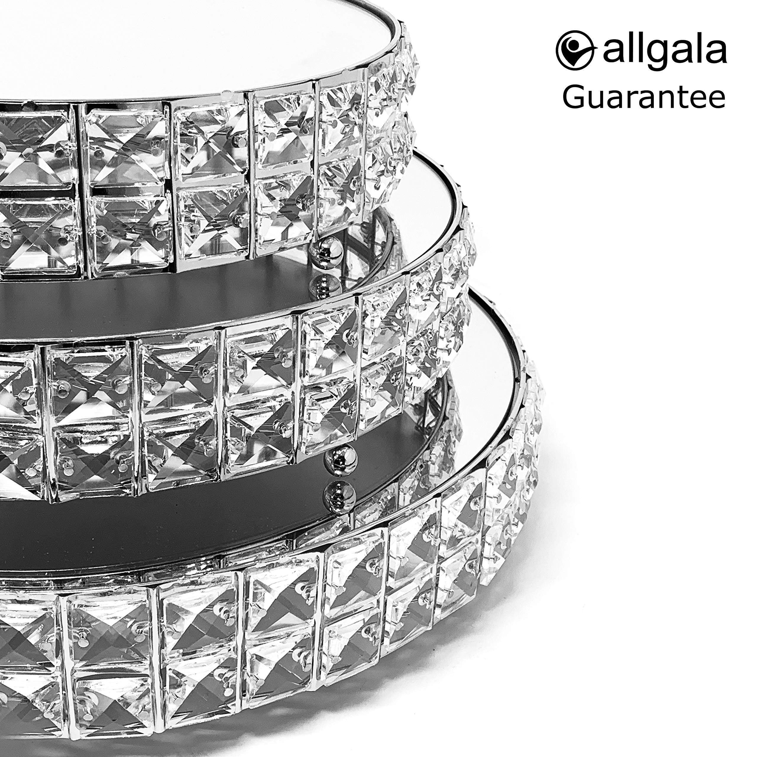 Allgala 3-Piece Wedding Cake Stand Set - Gold Plated Crystal Dessert Stand with Mirror Plate for Cupcakes, Cheese & Cakes - Elegant Silver Round Base (HD89204) - Perfect for Weddings, Birthday Parties & Special Events