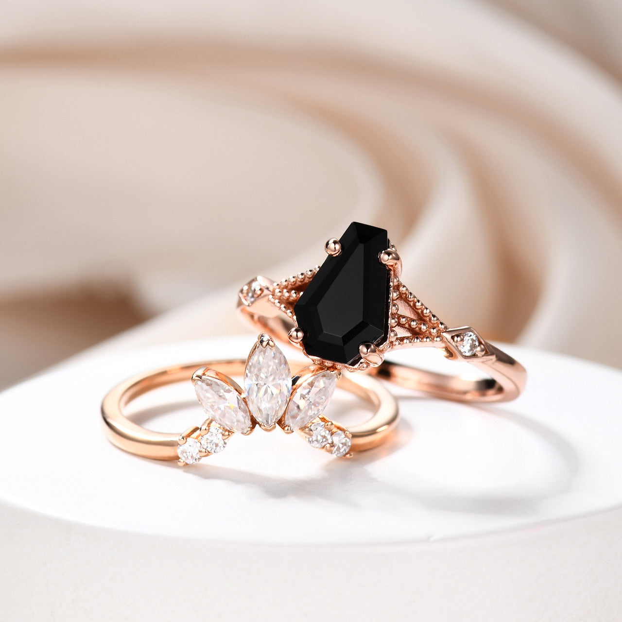 AAA Black Onyx & Spinel Coffin Wedding Ring Set for Women - August Birthstone Cocktail Ring Jewelry for Bridal, Gothic & Evening Wear