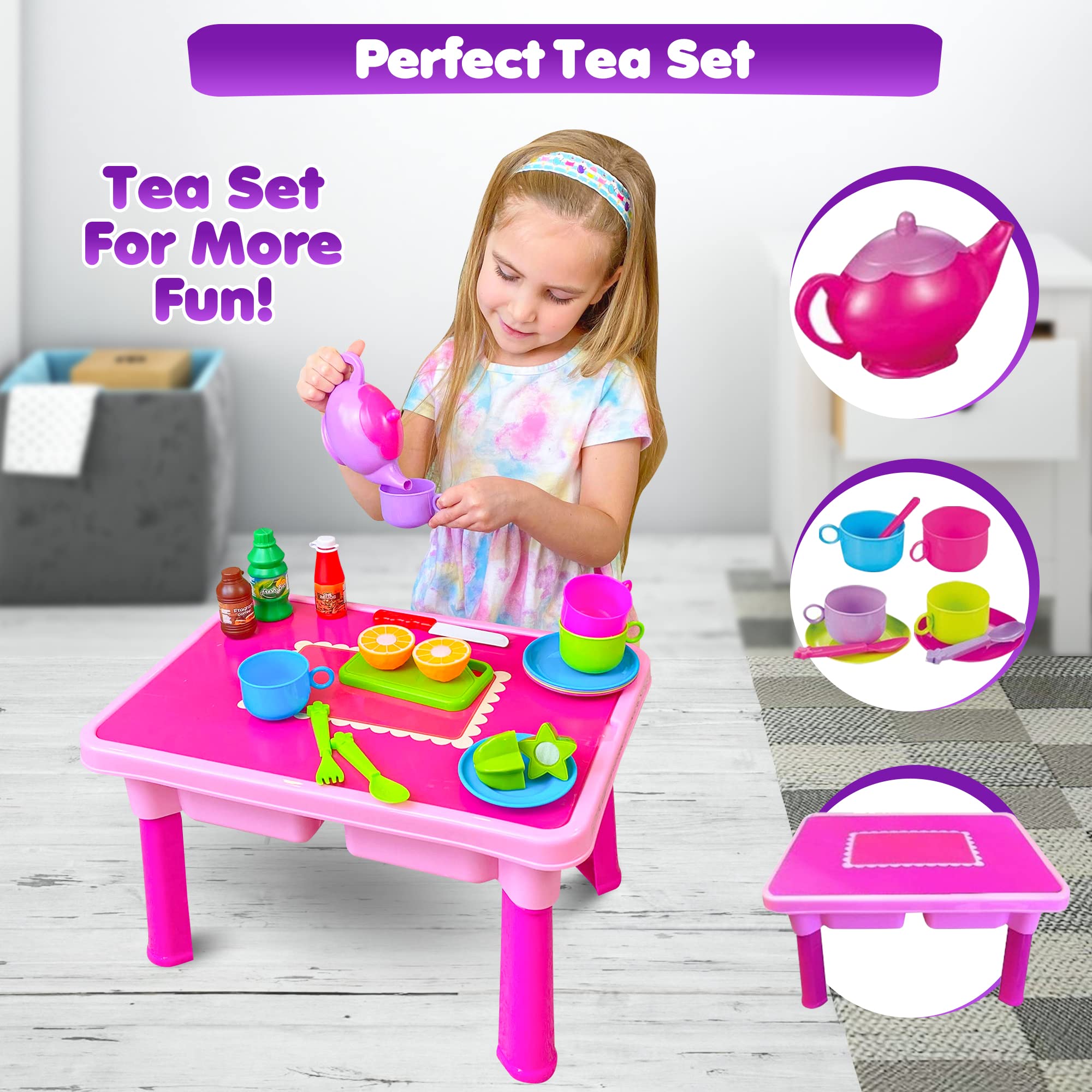 50-PCS Foldable Kids Play Kitchen Set with Toy Dishes, Tea Set & Utensils - Pretend Play Food, Cutting Fruits & Toy Knife for Toddler Girls | Perfect Gift for Birthday & Role-Playing Games at Home or Preschool