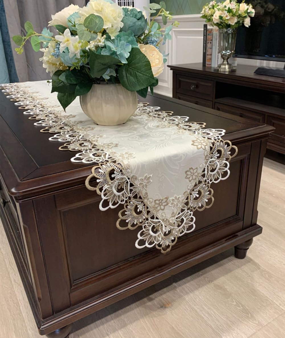 AMZALI Macrame Table Runners for Party, 70inch Lace Floral Embroidered Rectangle Table Dresser Scarf, Wedding and Home Decor, Beige & White